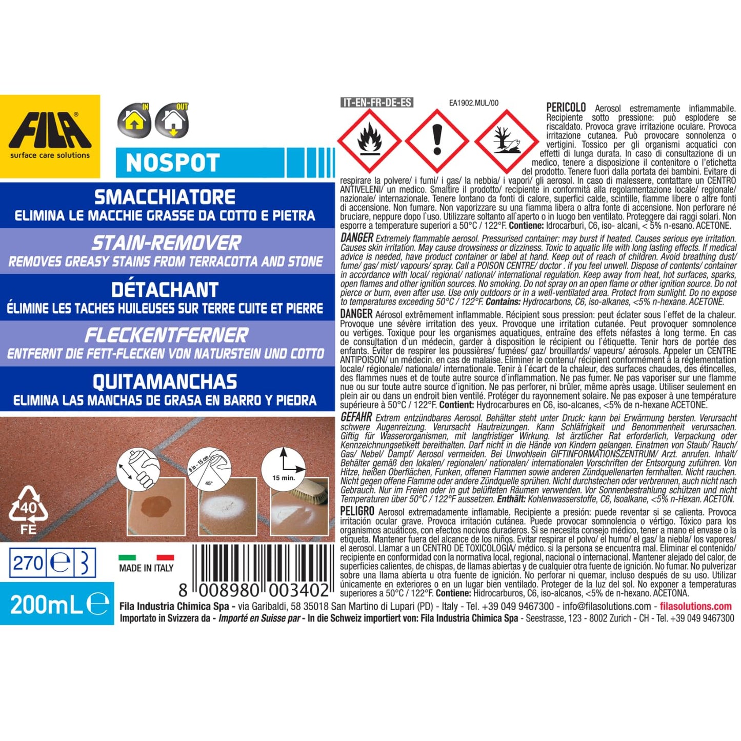 FILA Surface Care solutions, NOSPOT, Stain Remover Spray for Concrete, Klinker and Natural Stone, Removes Grease and Oil Stains from Indoor