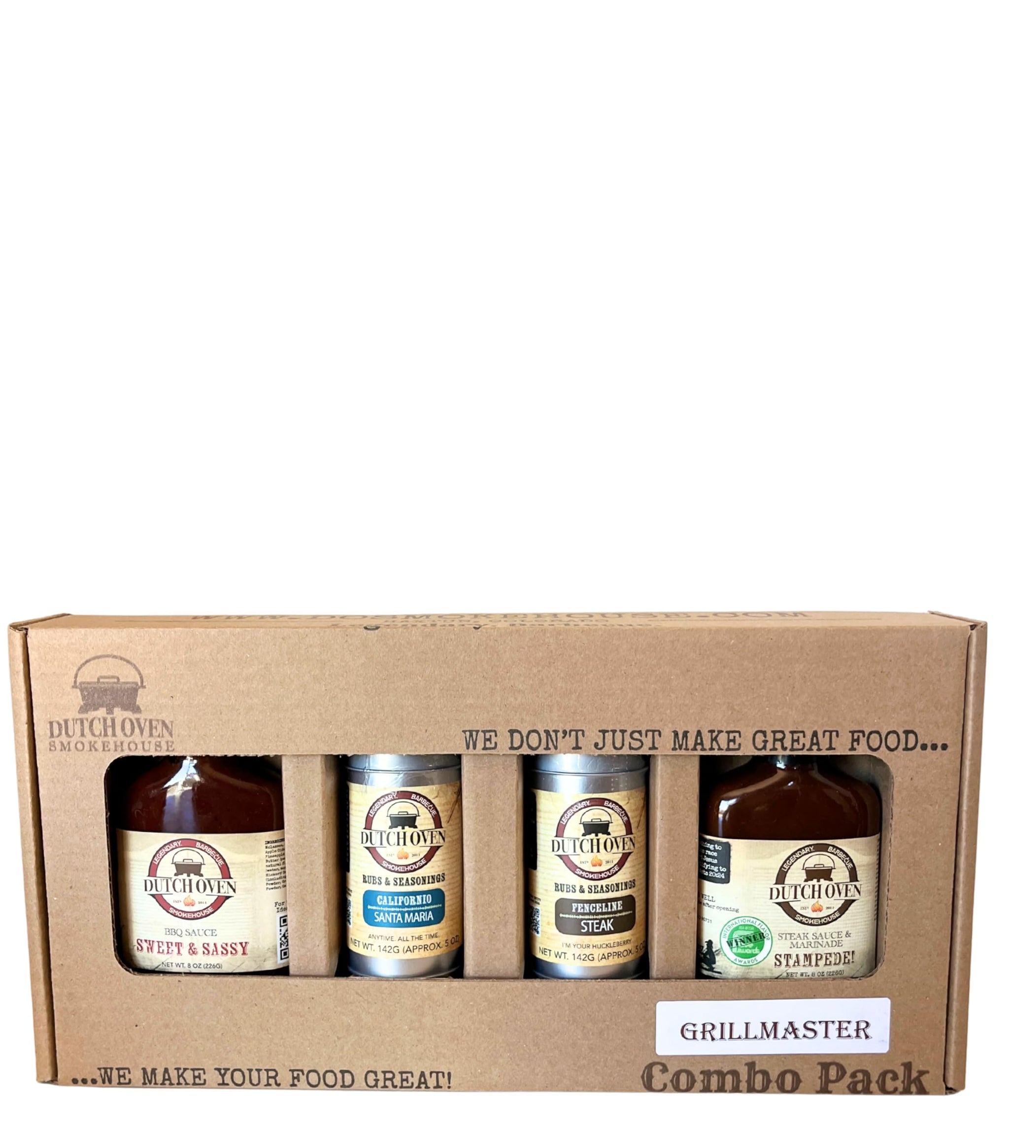 Dutch Oven Smokehouse Grill Masters Gift Set - 2x BBQ Sauces & 2x Rubs - Stampede, Sweet & Sassy, Californio, Fenceline - All-Natural, Award-Winning