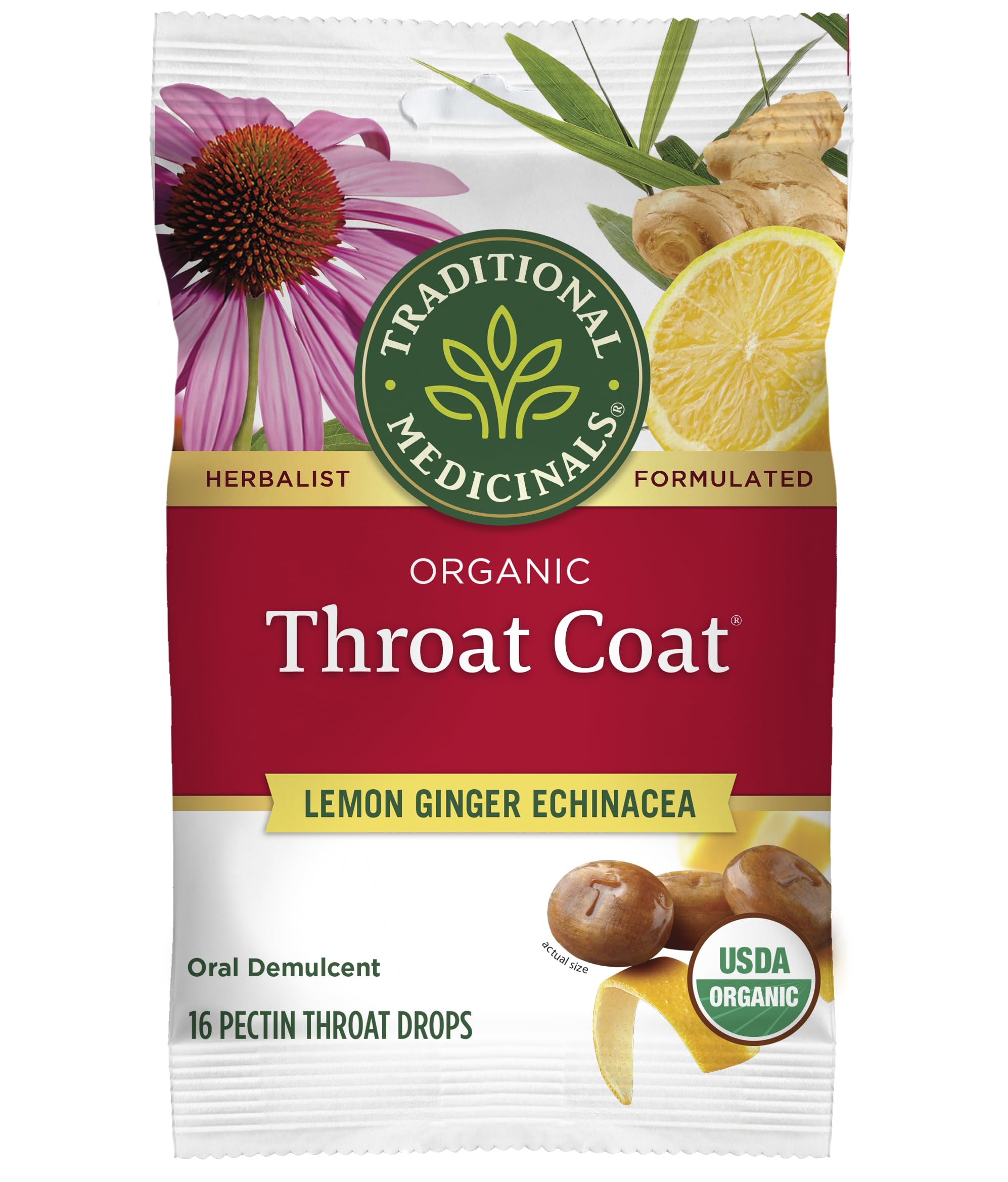 Traditional Medicinals Organic, Throat Coat Lozenges, Lemon Ginger Echinacea - Herbal Cough Drops, Helps Soothe Sore Throat - Non-GMO, Stimulant-Free