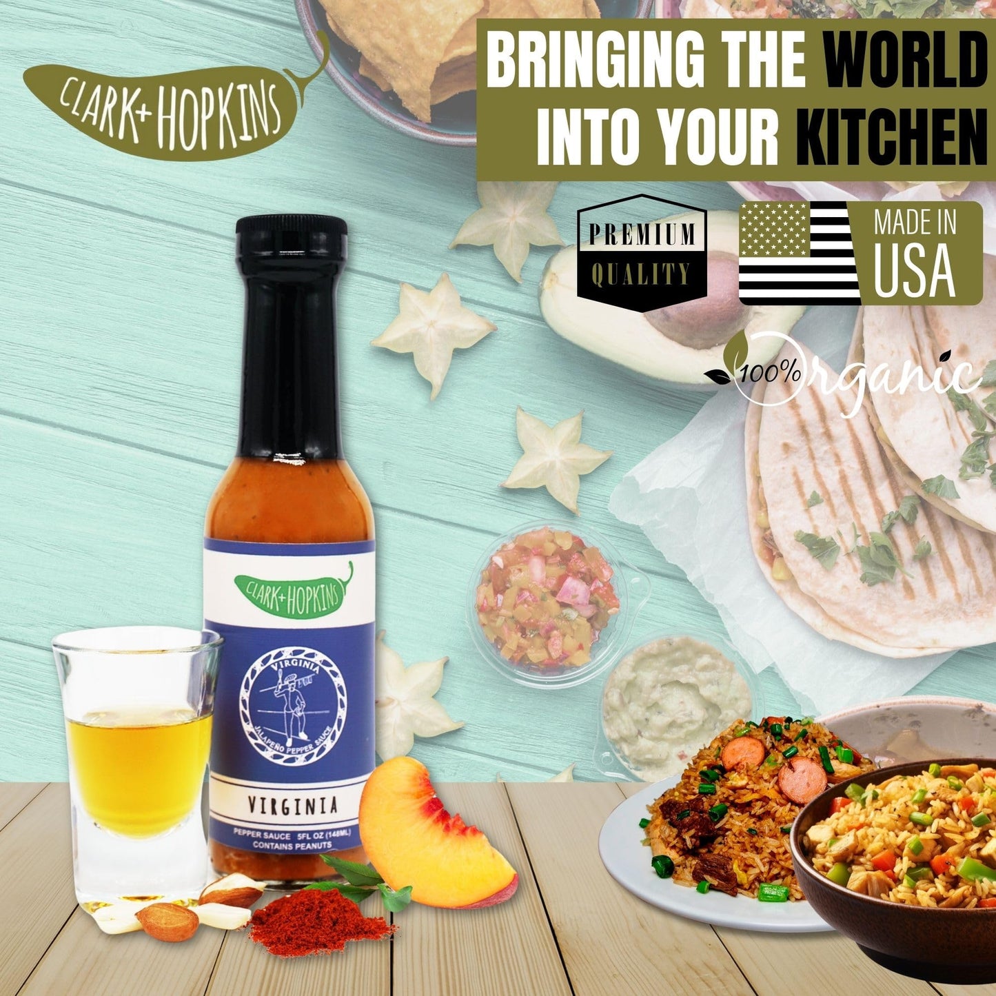 Clark + Hopkins Virginia Jalapeno Pepper Sauce, w/Peaches, Habanero & Whiskey Flavored Hot Sauce, Virginia's Rich Cuisine, Medium Heat, 5 oz (1 Pack)