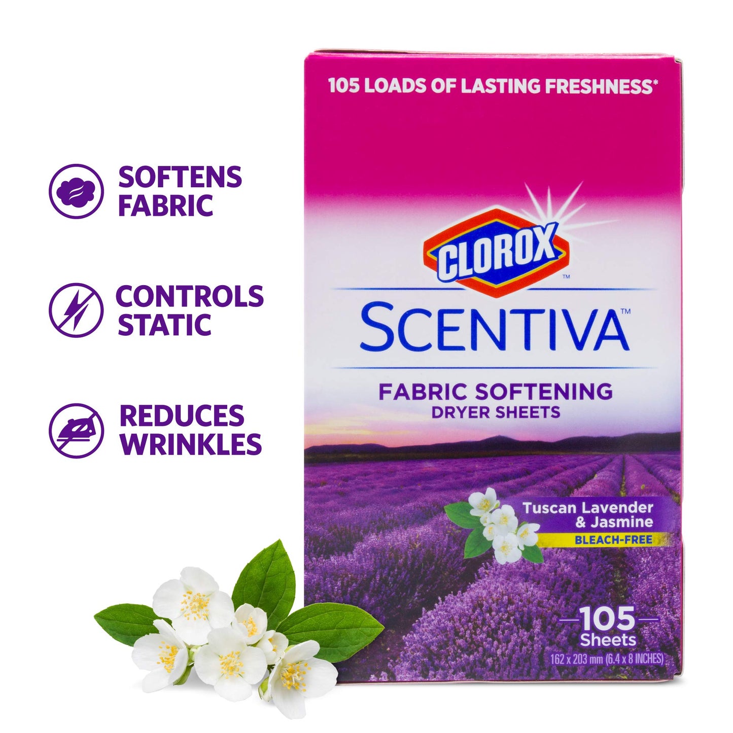 Clorox Scentiva Fabric Softener Dryer Sheets, Tuscan Lavender & Jasmine Scent - Wrinkle Reducing Scented Softening Laundry Dryer Sheets for Great