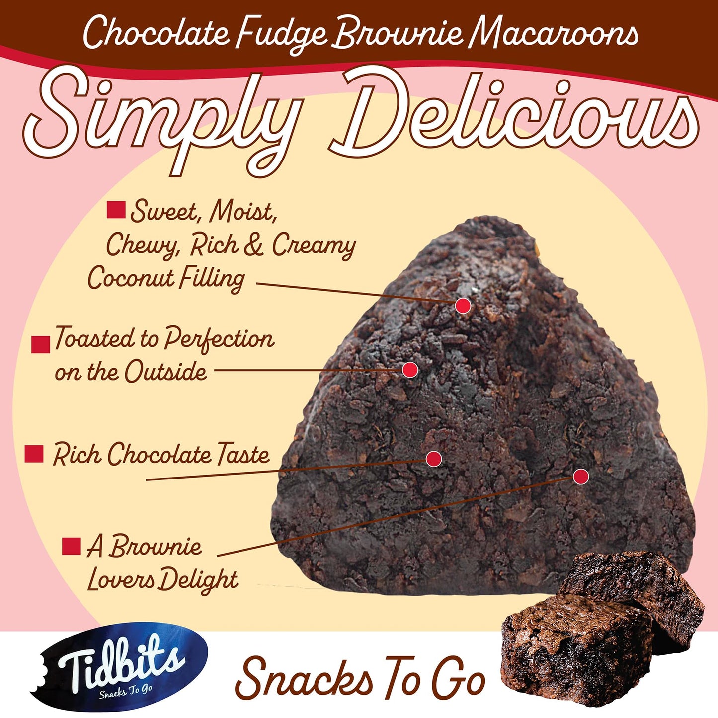 Tidbits Snacks To Go Fudge Brownie Macaroons - 5.25 oz. Family Size, Gourmet Gluten-Free Snack Treats, Delicious Vegan Dairy-Free Cookies