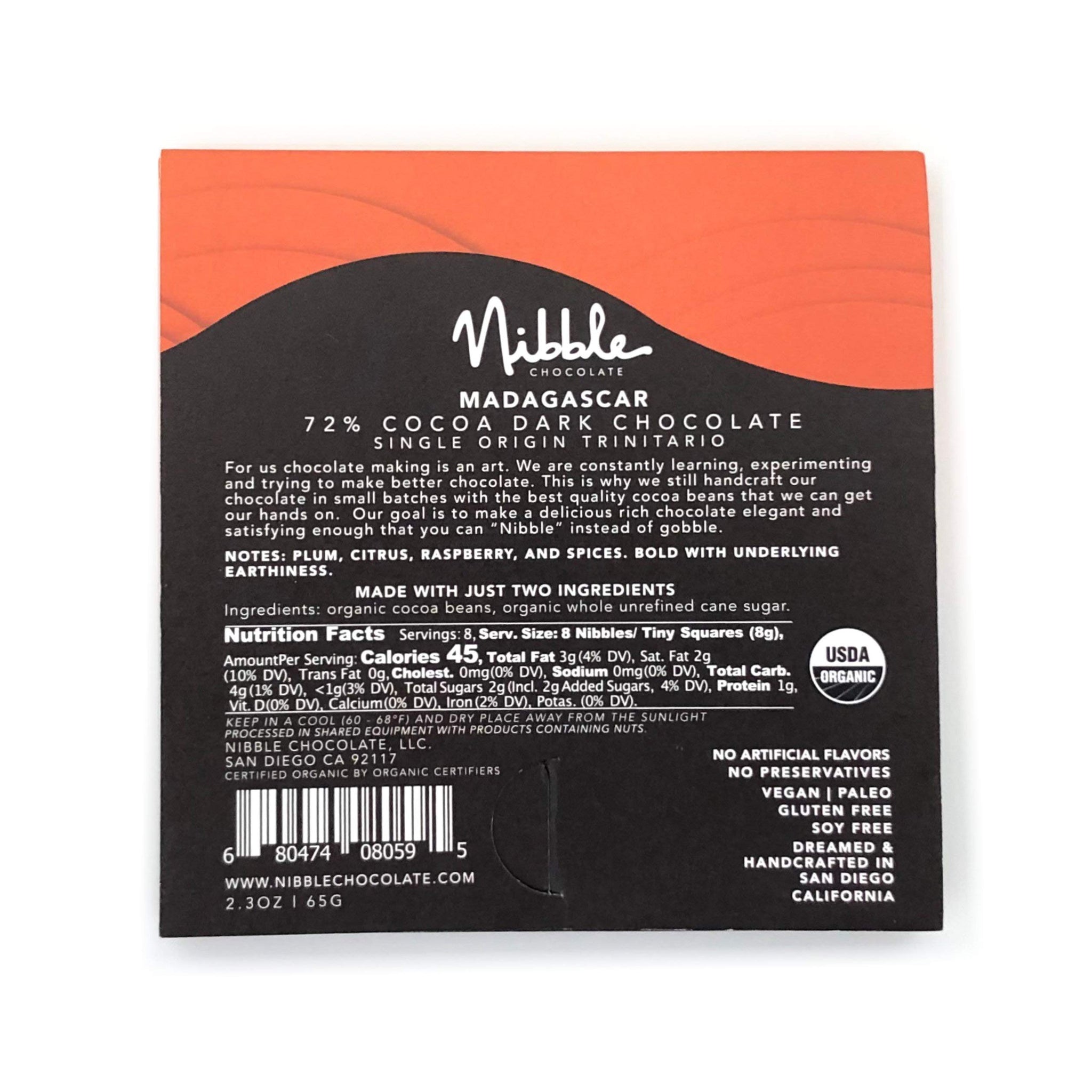 Nibble Chocolate Madagascar 72% | 3 Pack | Certified Organic | Vegan | 2 Ingredients | Gluten & Soy Free |