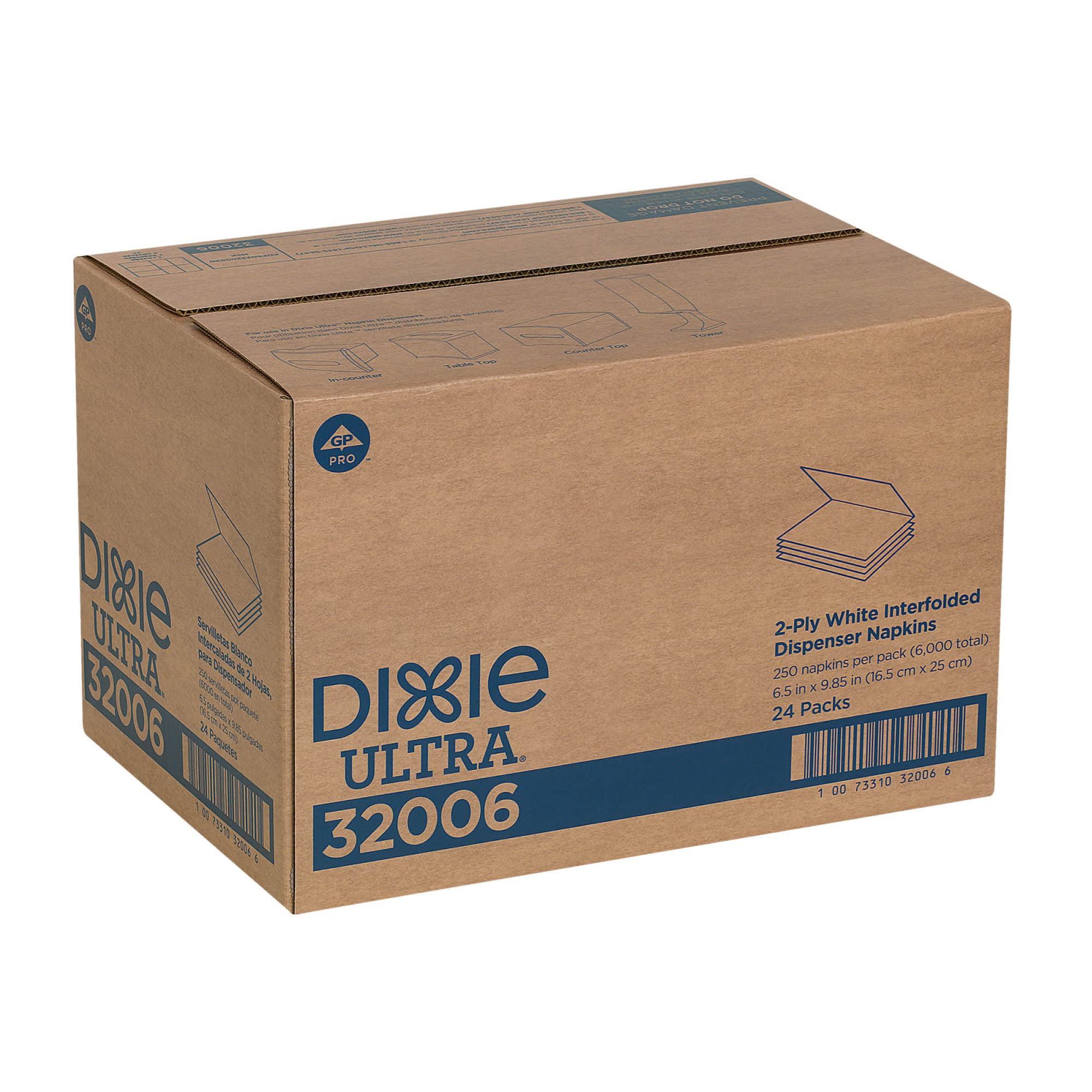 Georgia-Pacific Dixie Ultra Interfold 2-Ply Napkin Dispenser Refill, White, 32006, 250 Napkins Per Pack, 24 Packs Per Case