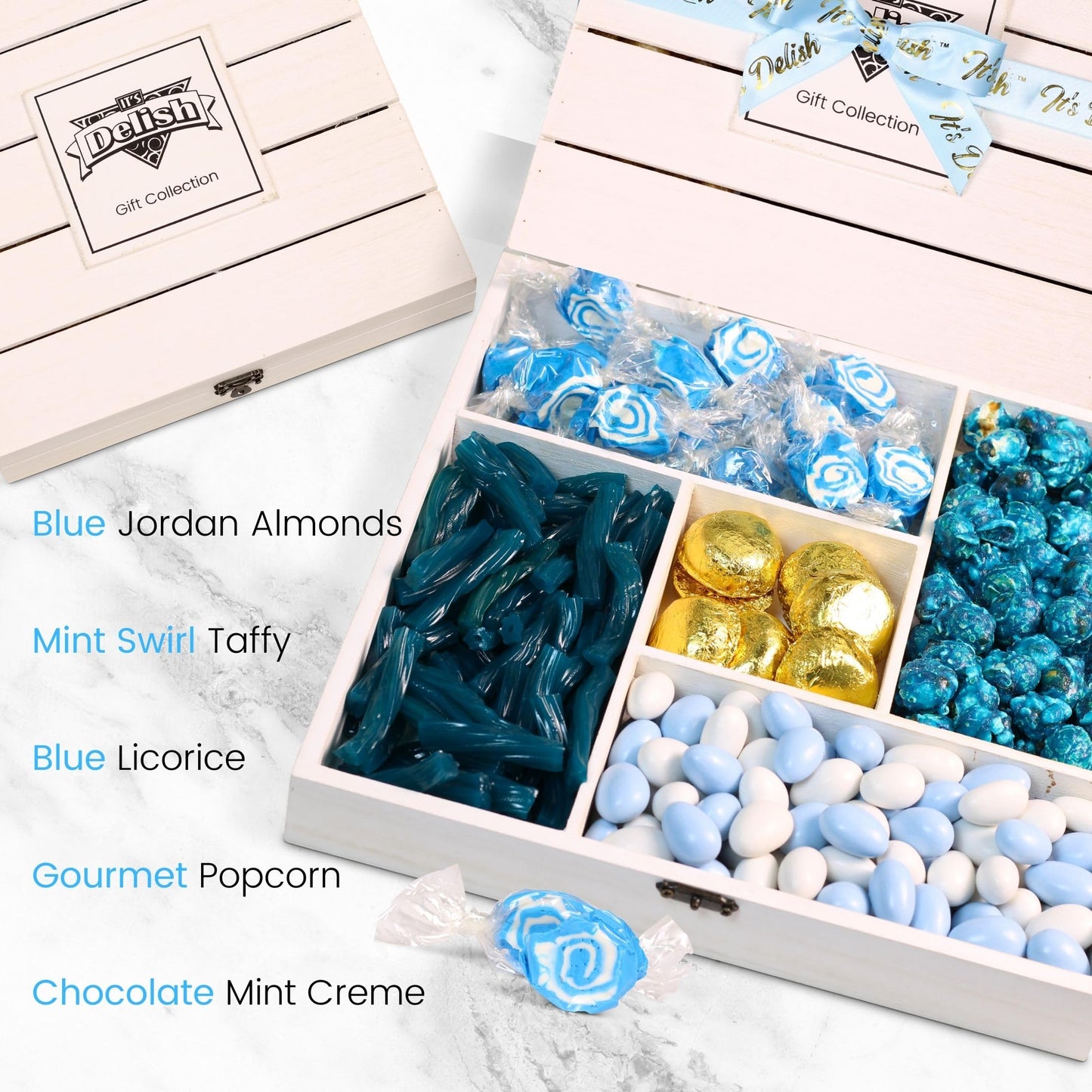 Gourmet Blue Candy Gift Tray - by It's Delish | Wood Gift Basket, in Reusable Wooden Crate with Lid | Gift Box of Holiday Treats and Candies for Baby