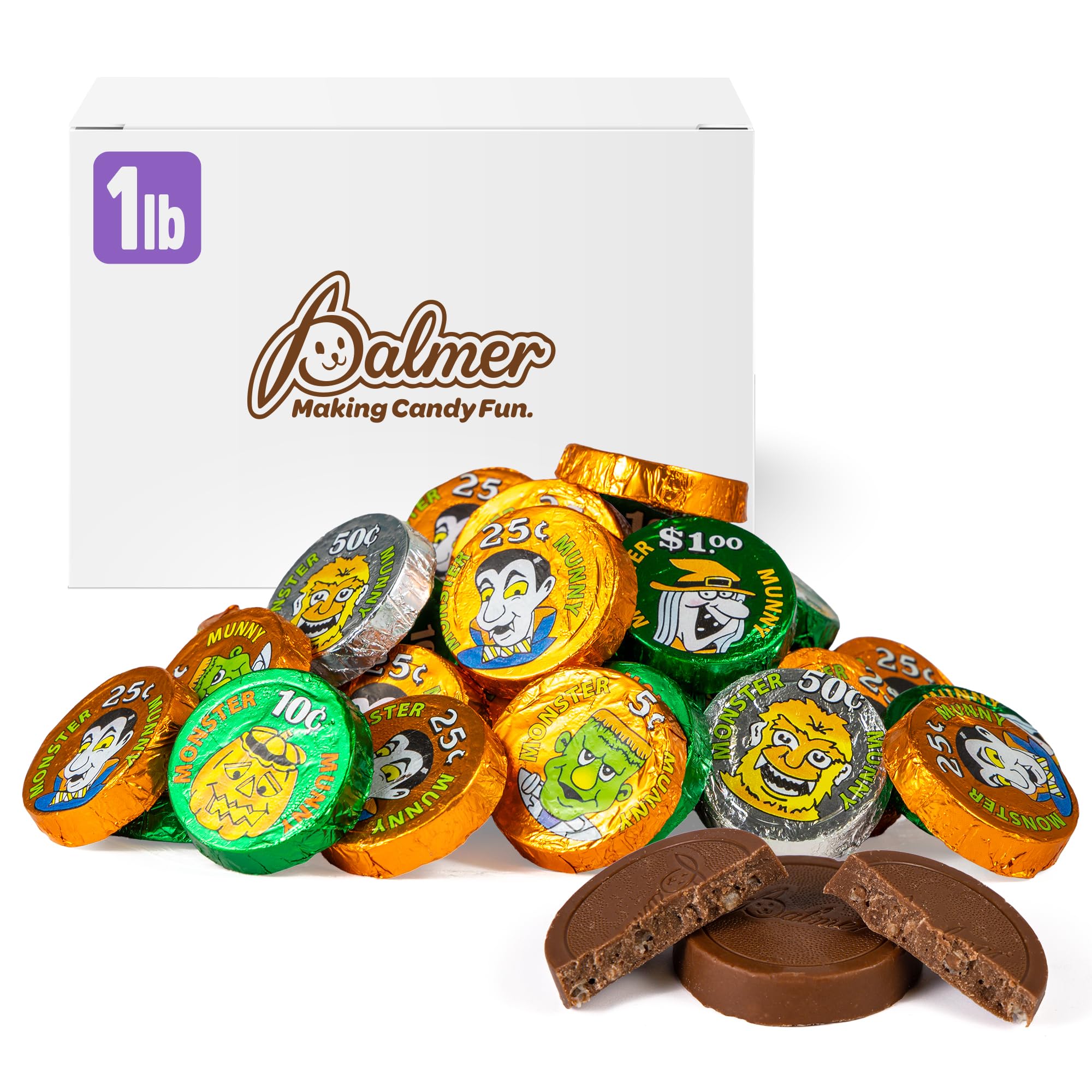 Palmer Milk Chocolate Assortments, Crisp and Crunchy Candy, Individually Wrapped Halloween Pieces, Making Candy Fun Since 1948 (1 Pound, Monster