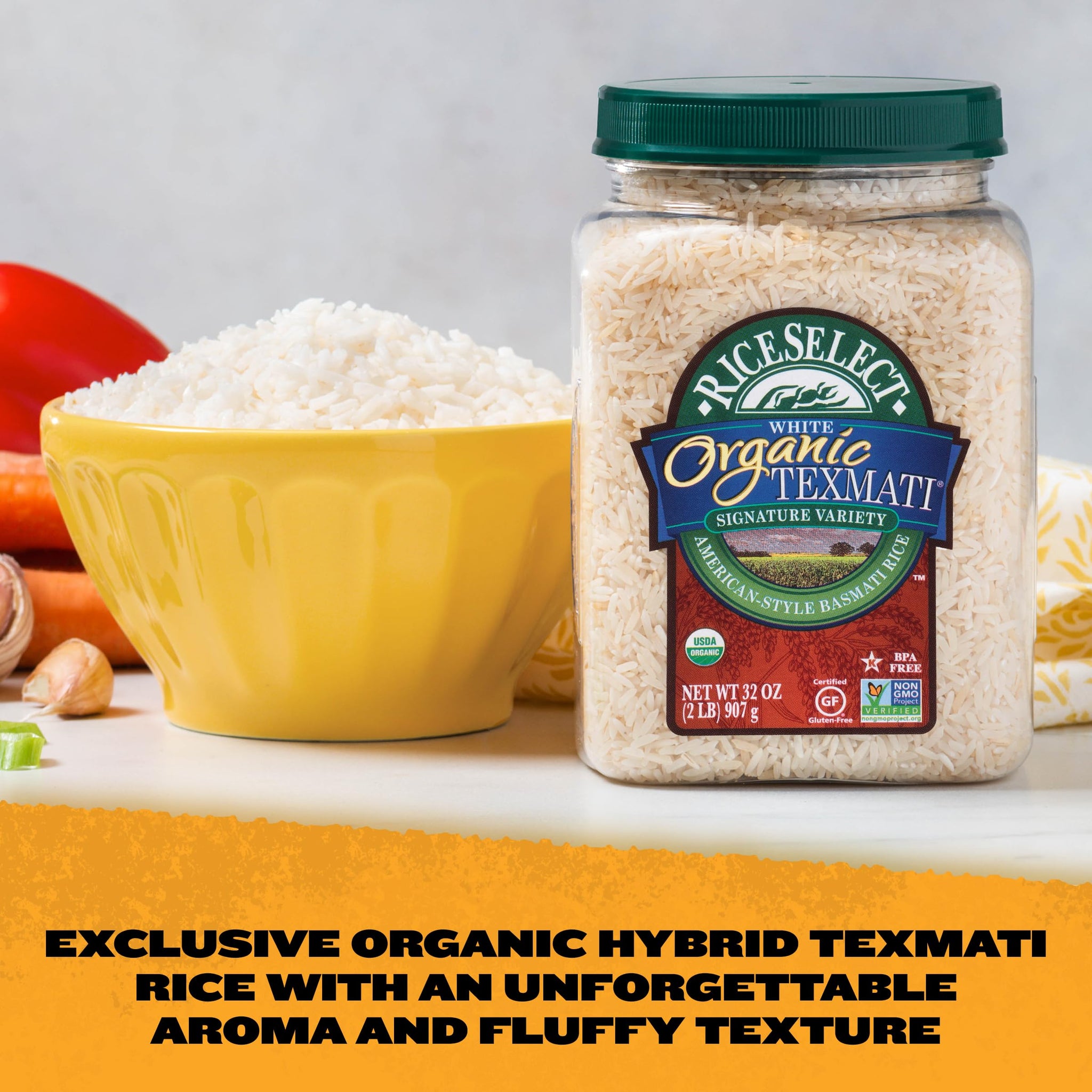 RiceSelect Organic Texmati White Basmati Rice, Premium Long Grain Organic American Basmati Rice, Gluten-Free, Non-GMO, Kosher, 32oz Jar (Pack of 1)