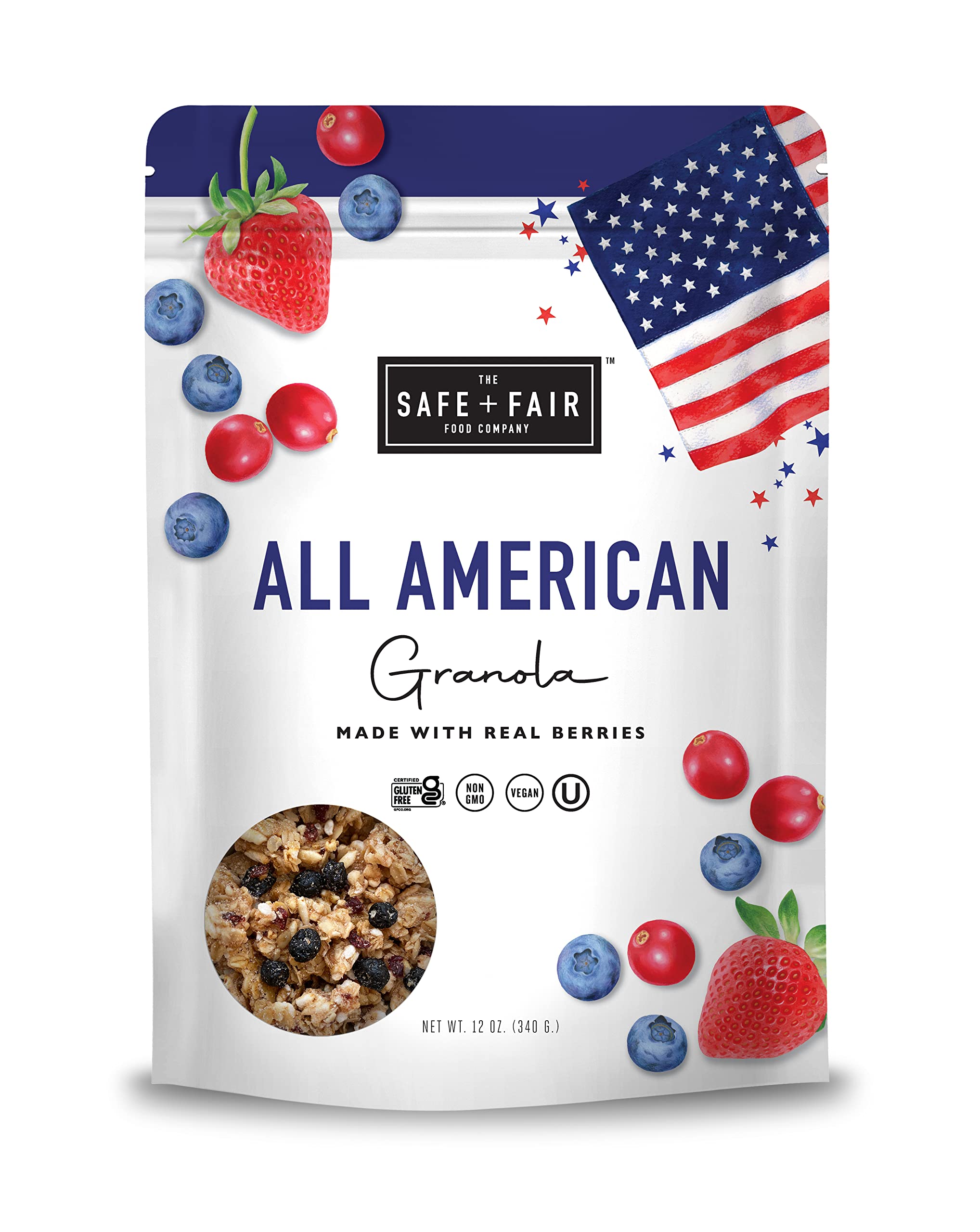 Safe + Fair All American Granola - Gluten-Free & Vegan Snack - Whole Grain Oats with Real Strawberries, Blueberries, and Cranberries - Non-GMO