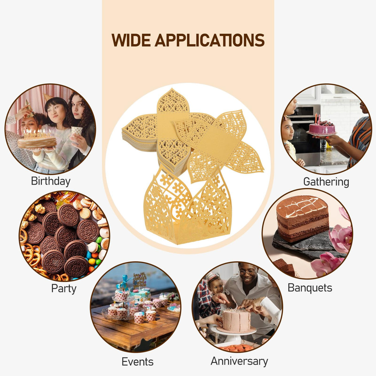 UKCOCO Party Chocolate Tray and Hollow-out Flower Chocolate Wrappers, Gold Paper Candy Packaging Cups for Wedding Dessert Table Decoration, 50pcs