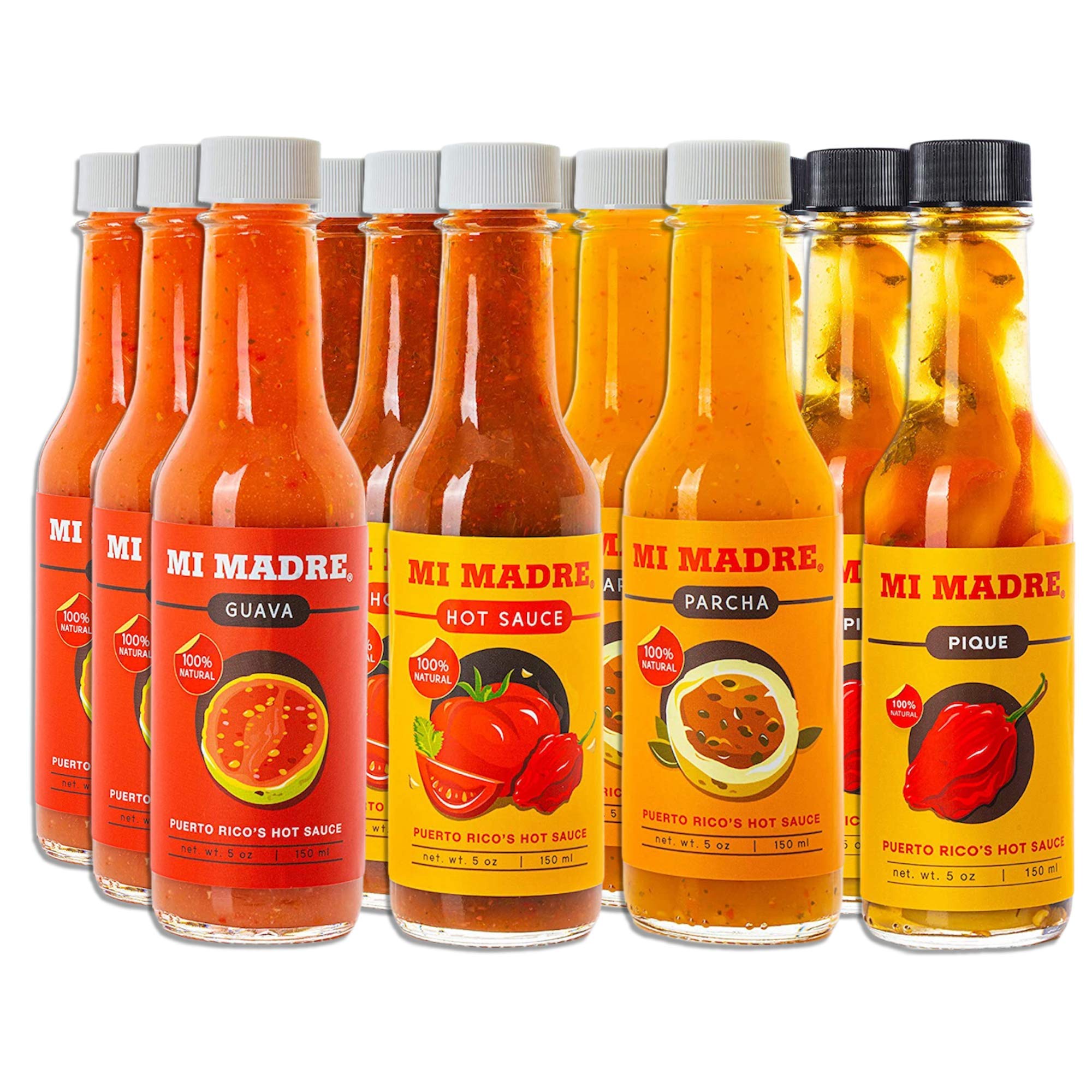 Mi Madre Hot Sauce from Puerto Rico, Four Flavor Variety, Guava, Hot Sauce, Passion Fruit, and Pique, 5 Ounce (Pack of 12)