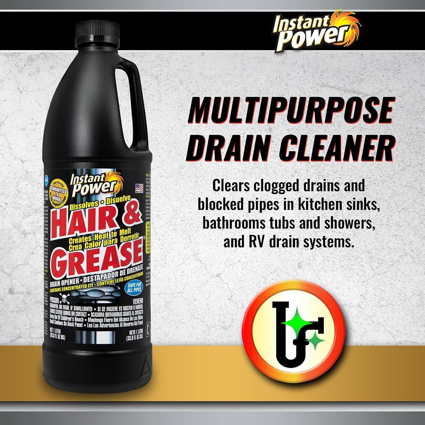 Instant Power Hair and Grease Drain Cleaner - Shower Drain & Sink Cleaner, Liquid Clog Remover, Made in USA, Sink Deodorizer - 1 Liter (Pack of 2)