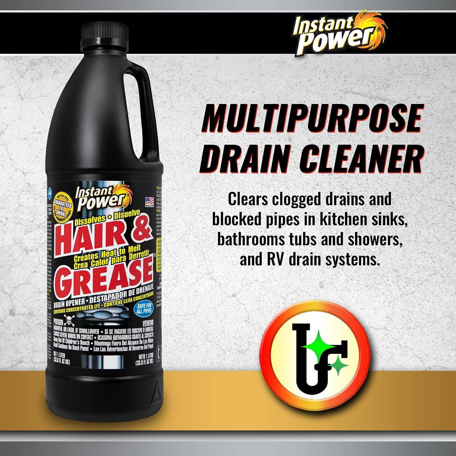 Instant Power Hair and Grease Drain Cleaner - Shower Drain & Sink Cleaner, Liquid Clog Remover, Made in USA, Sink Deodorizer - 1 Liter (Pack of 2)