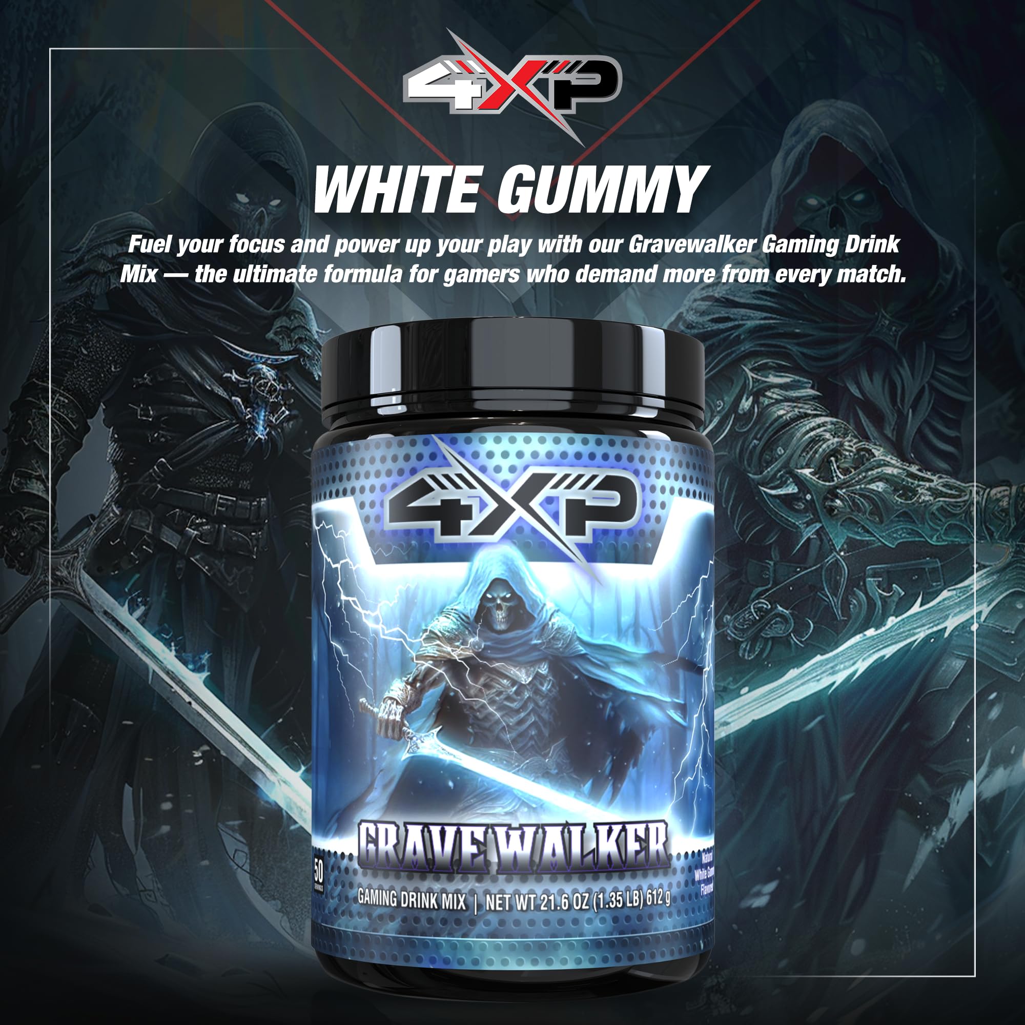 4XP Gravewalker White Gummy Gaming Energy Drink Mix| Low-Caffeine Nootropic Powder with B Vitamins & White Gummy Flavor for Gamers | 50-Serving