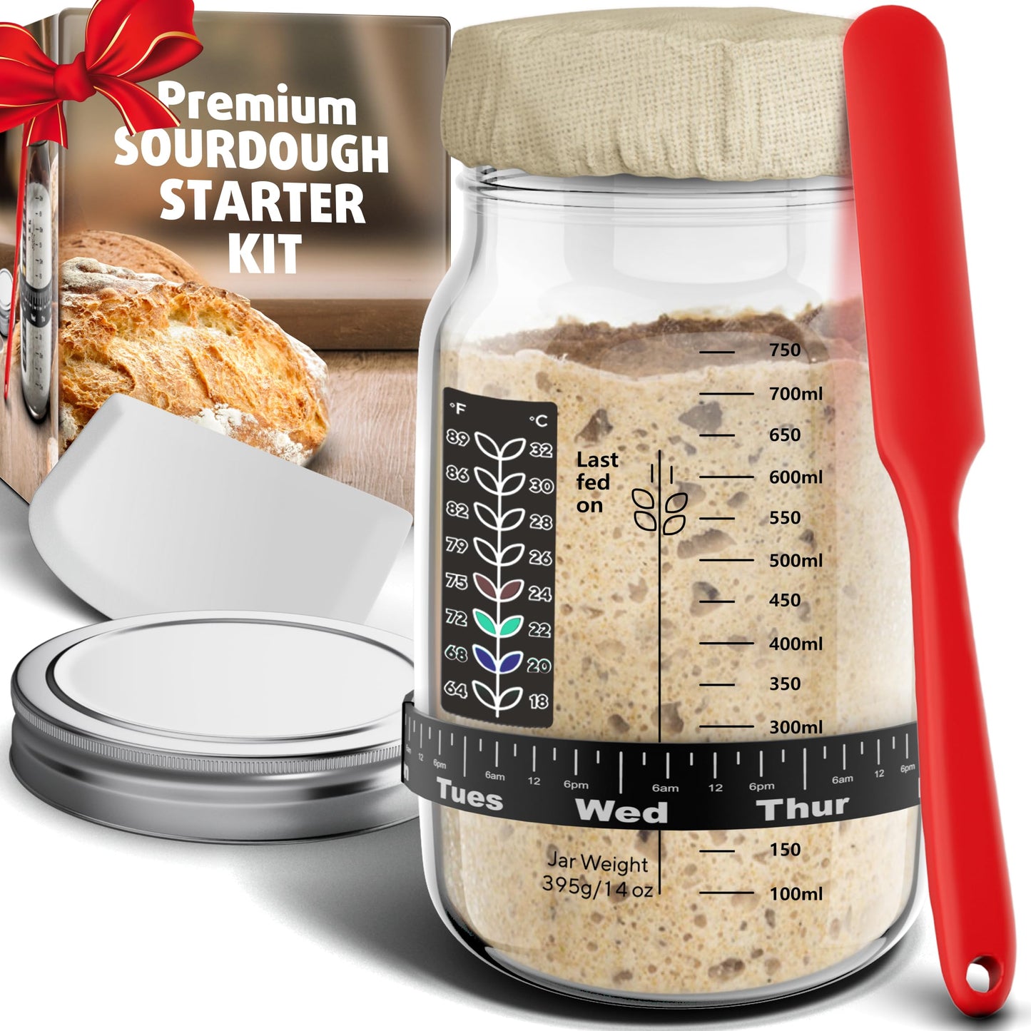 Ultimate Sourdough Starter Jar Kit 31.8 oz - Reusable Jar for Easy Bread Baking - Perfect to Make Your Sour Dough Starter - Easy to Use & Clean