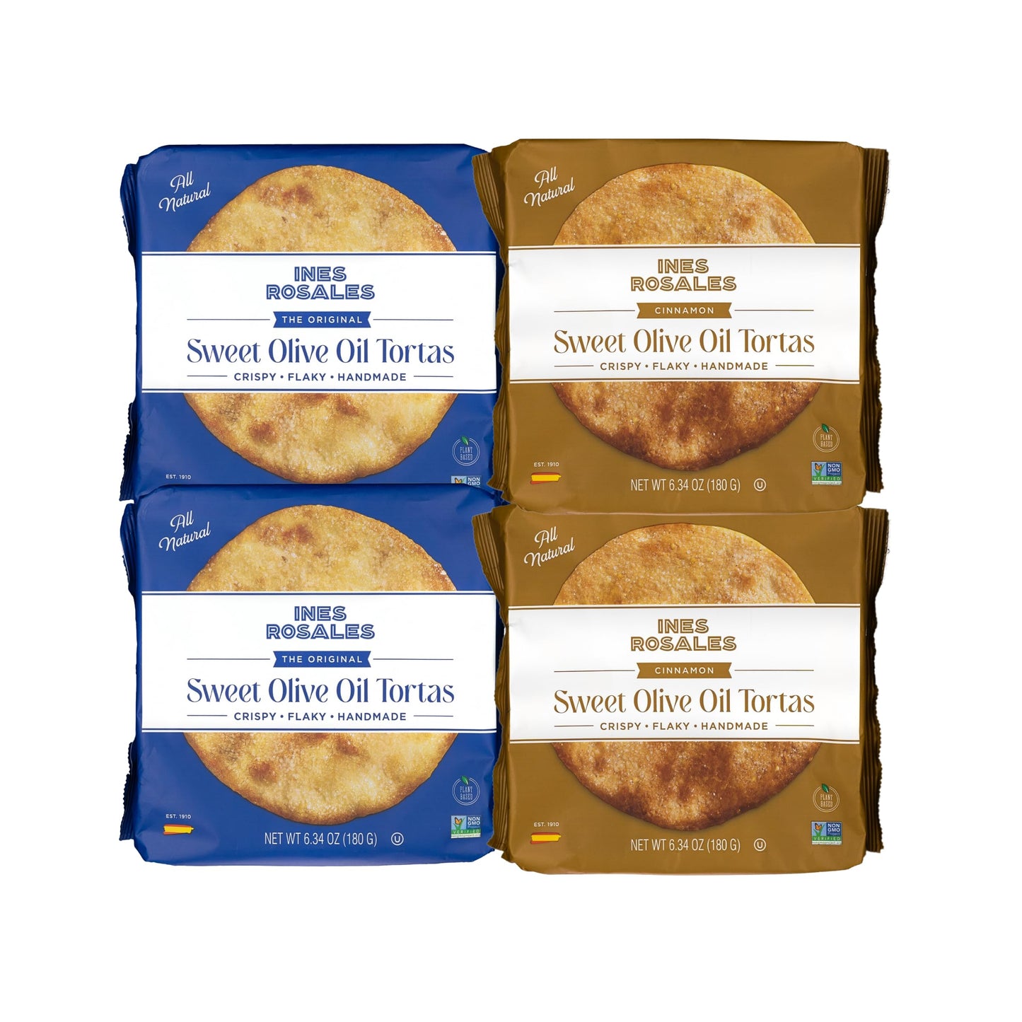 Ines Rosales Tortas Bundle - 2 Original + 2 Cinnamon - Handcrafted Spanish Olive Oil Tortas, Traditional Sweet and Spiced Delights