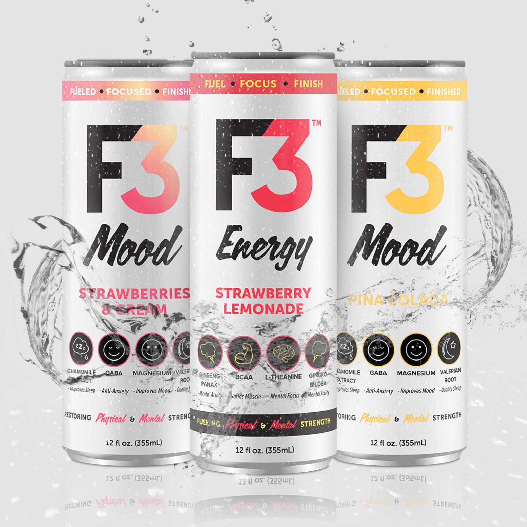F3 Mood Variety Pack - Functional Sparkling Juice Drink with Powerful Nootropics to Reduce Stress, BCAAs for Muscle Recovery, and Chamomile & Valerian