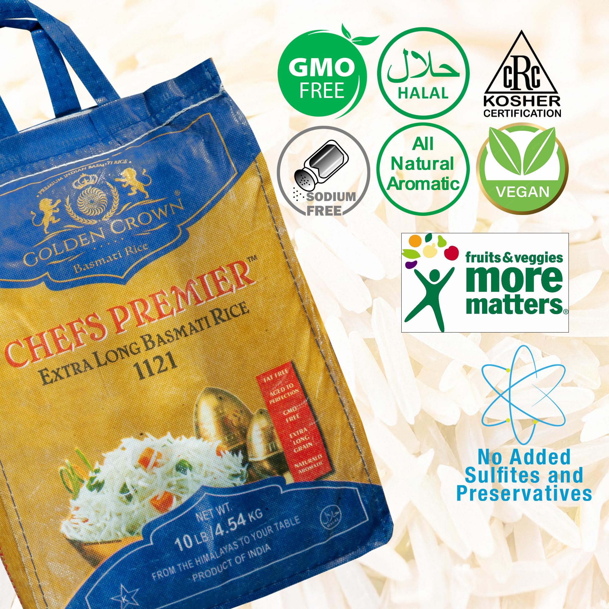 Golden Crown Chefs Premier Basmati Rice - 160 oz (10LB) | Extra Long Aromatic Sella Rice | Fat-Free, Gluten-Free Whole Grain | Tasty and Delicious Flavorful