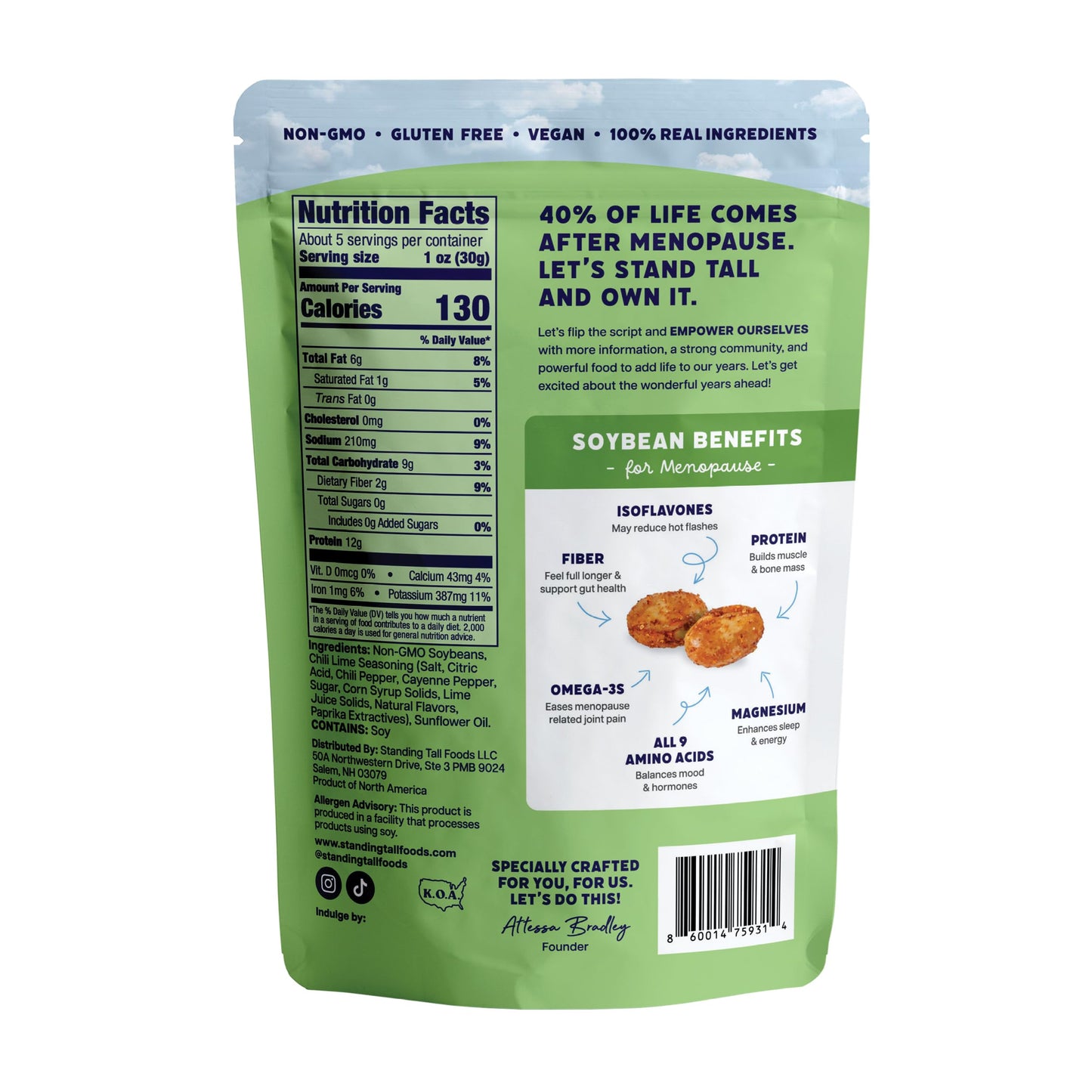 Standing Tall Roasted Soybean - Chili Lime- 12g protein, 2g fiber, 0g sugar, Plant-Based Vegan Snack, Gluten-Free, Non-GMO, 3 Count Variety Pack, 5oz