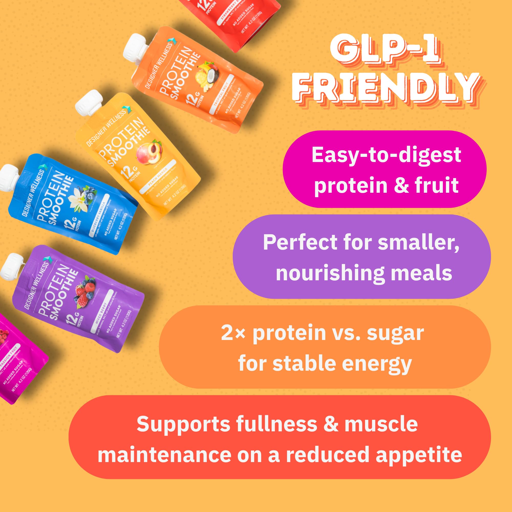 Designer Wellness Protein Smoothie, Mixed Variety Pack, 12g Whey Protein, Real Fruit Smoothie Snack, No Added Sugar, Low Carb, Gluten-Free