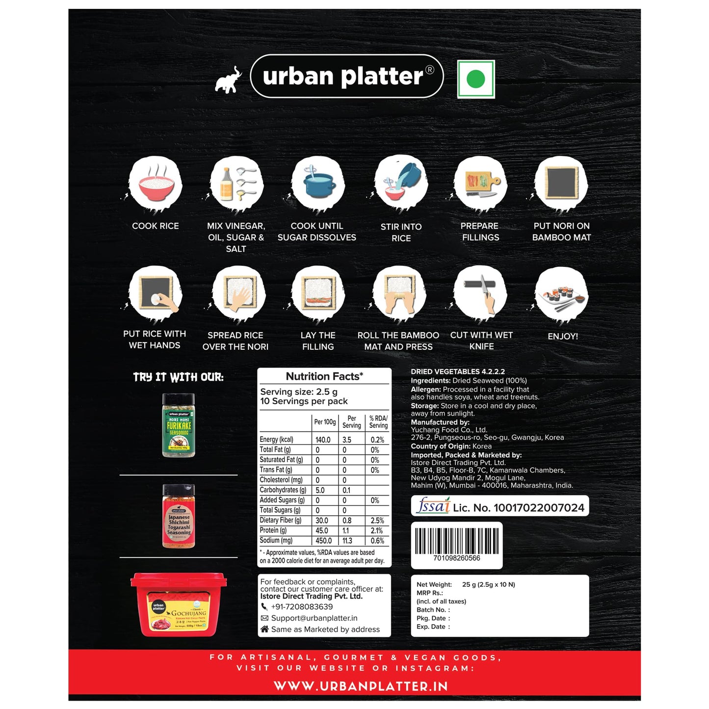 Urban Platter Sushi Nori Sheets (Roasted Seaweed Laver), 10 Sheets / 30 Grams