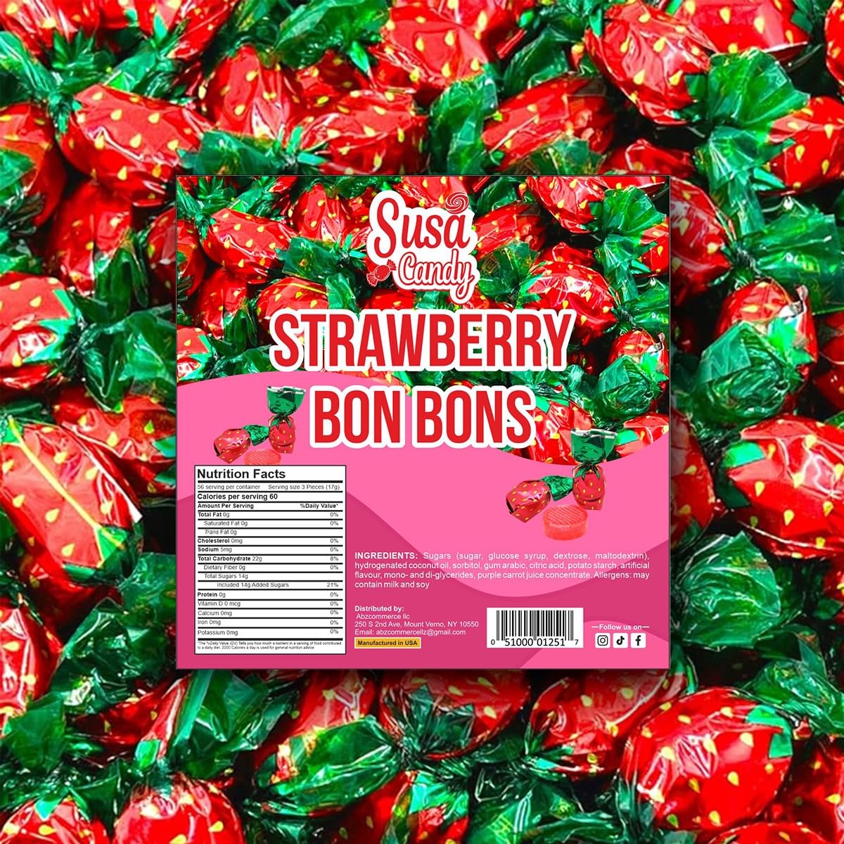 Susa Candy Strawberry Filled Bon Bons | 1 Pound Bag | Hard Candy - Approx. 60 Count
