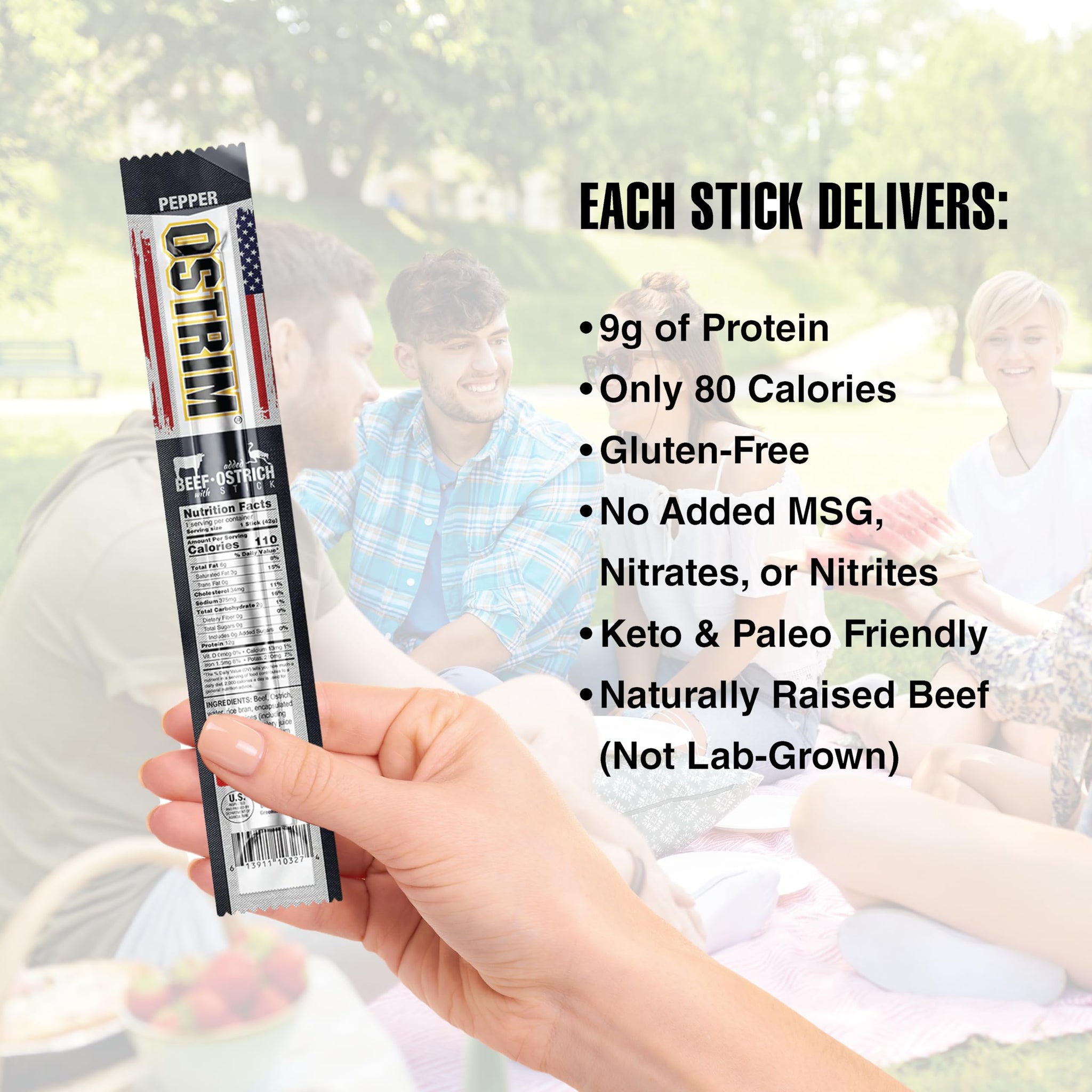 Ostrim Beef Snack Sticks, 1oz, High Protein, Keto & Paleo Friendly, Sugar Free, Gluten Free, No MSG, No Nitrates (Pack of 12) (1 oz, Pepper)