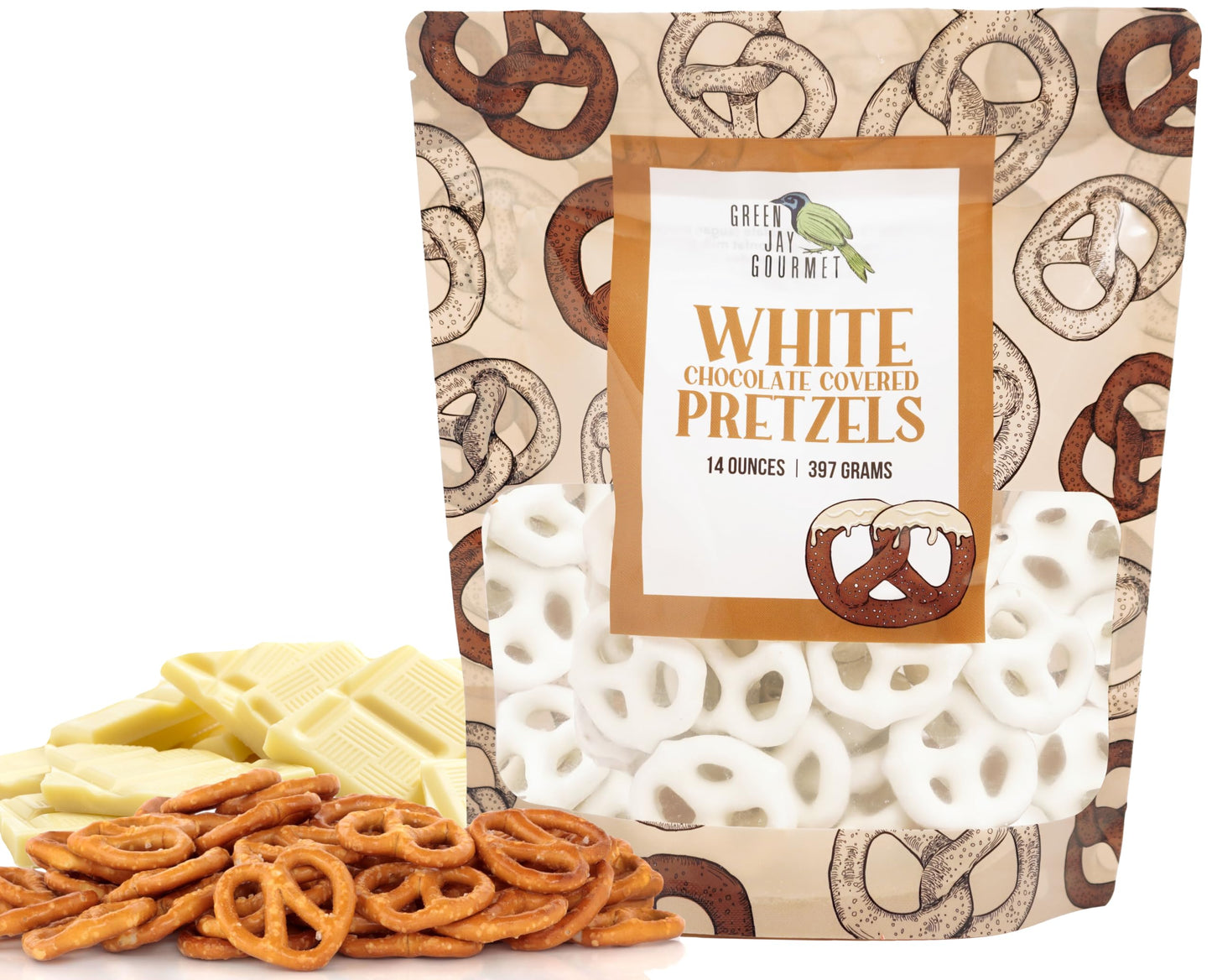 Green Jay Gourmet White Chocolate Covered Pretzels - Handmade & Fresh Gourmet Candy - Sweet & Salty Snack - Great Gift for Chocolate Lovers - 14 Ounce