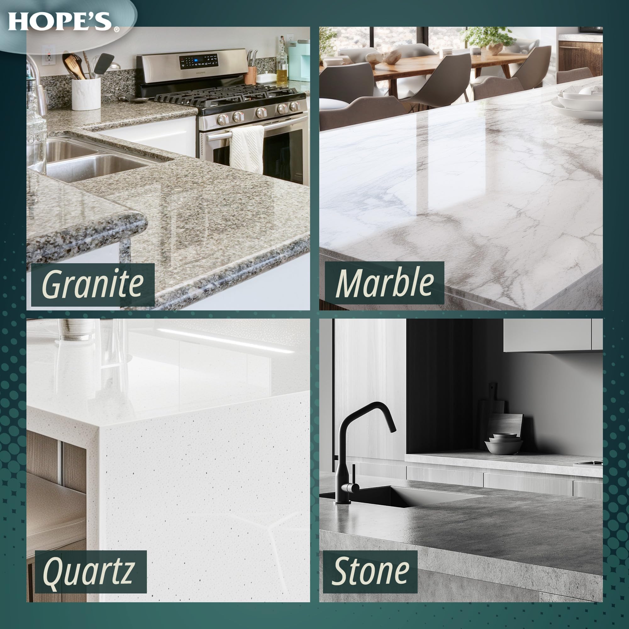 HOPE'S Perfect Granite & Marble Countertop Cleaner with Microfiber Cloth, Stain Remover and Polish, Streak-Free, Ammonia-Free, 22 Ounce, Pack of 1
