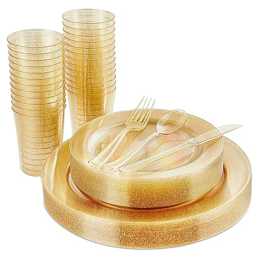 Vplus 150 pcs Gold Plastic Plates with Disposable Plastic Silverware, Cups, Gold Glitter Design includes Dinner and Salad Plates, Forks, Knives