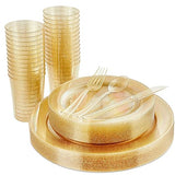 Vplus 150 pcs Gold Plastic Plates with Disposable Plastic Silverware, Cups, Gold Glitter Design includes Dinner and Salad Plates, Forks, Knives