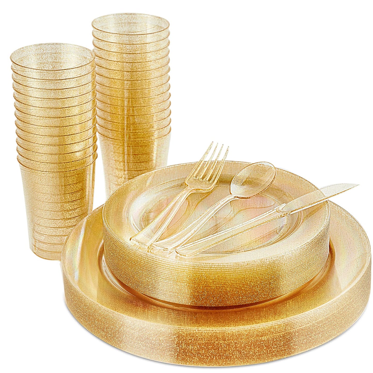 Vplus 150 pcs Gold Plastic Plates with Disposable Plastic Silverware, Cups, Gold Glitter Design includes Dinner and Salad Plates, Forks, Knives