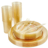 Vplus 150 pcs Gold Plastic Plates with Disposable Plastic Silverware, Cups, Gold Glitter Design includes Dinner and Salad Plates, Forks, Knives