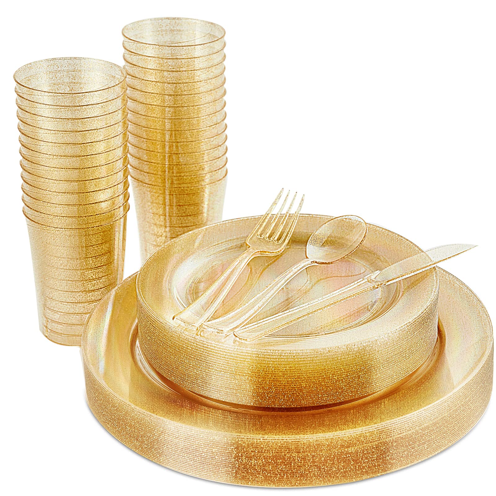 Vplus 150 pcs Gold Plastic Plates with Disposable Plastic Silverware, Cups, Gold Glitter Design includes Dinner and Salad Plates, Forks, Knives