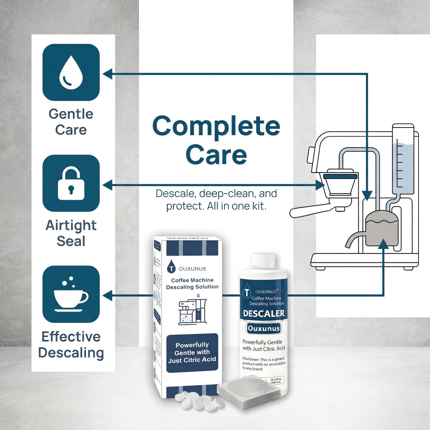Ouxunus Descaling Solution Kit Compatible with Nespresso Vertuo Descaling solution & Coffee Machines, 16.9 fl Oz Descaler (4 Uses), 8 Cleaning Tablets