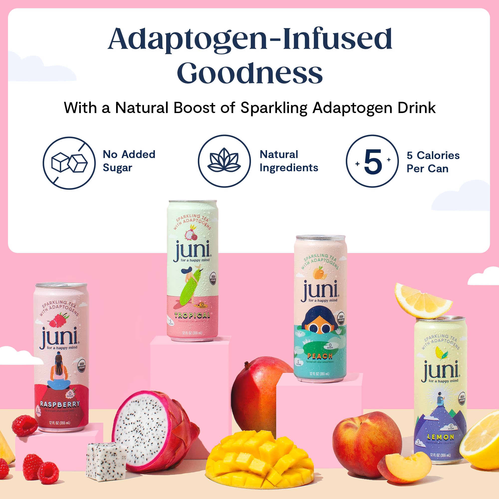 Juni Sparkling Adaptogen Drink with Ashwagandha, Lion’s Mane & Reishi Mushrooms | Green Tea for Focus, Zero Sugar, 5 Calories, Organic | Non Alcoholic