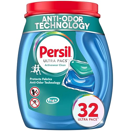 Persil Ultra Pacs Activewear Clean Laundry Detergent, 32 Count, No Mess, Single-Dose Laundry Soap, Helps Fight Stains & Odor, All Machine Types