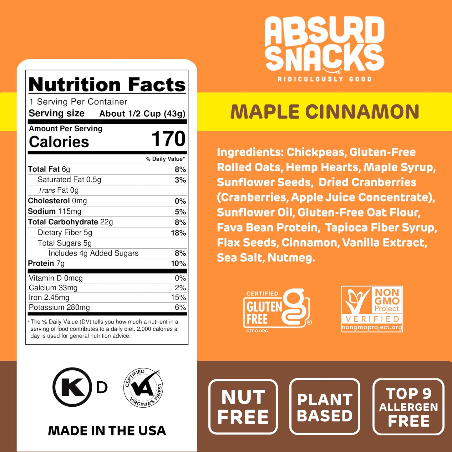 Absurd Snacks Chickpea & Granola Crunch Mix, Nut-Free, Gluten-Free, Plant-Based Snack, Good Source of Protein & Fiber 1.5 Ounce (Pack of 8), Maple