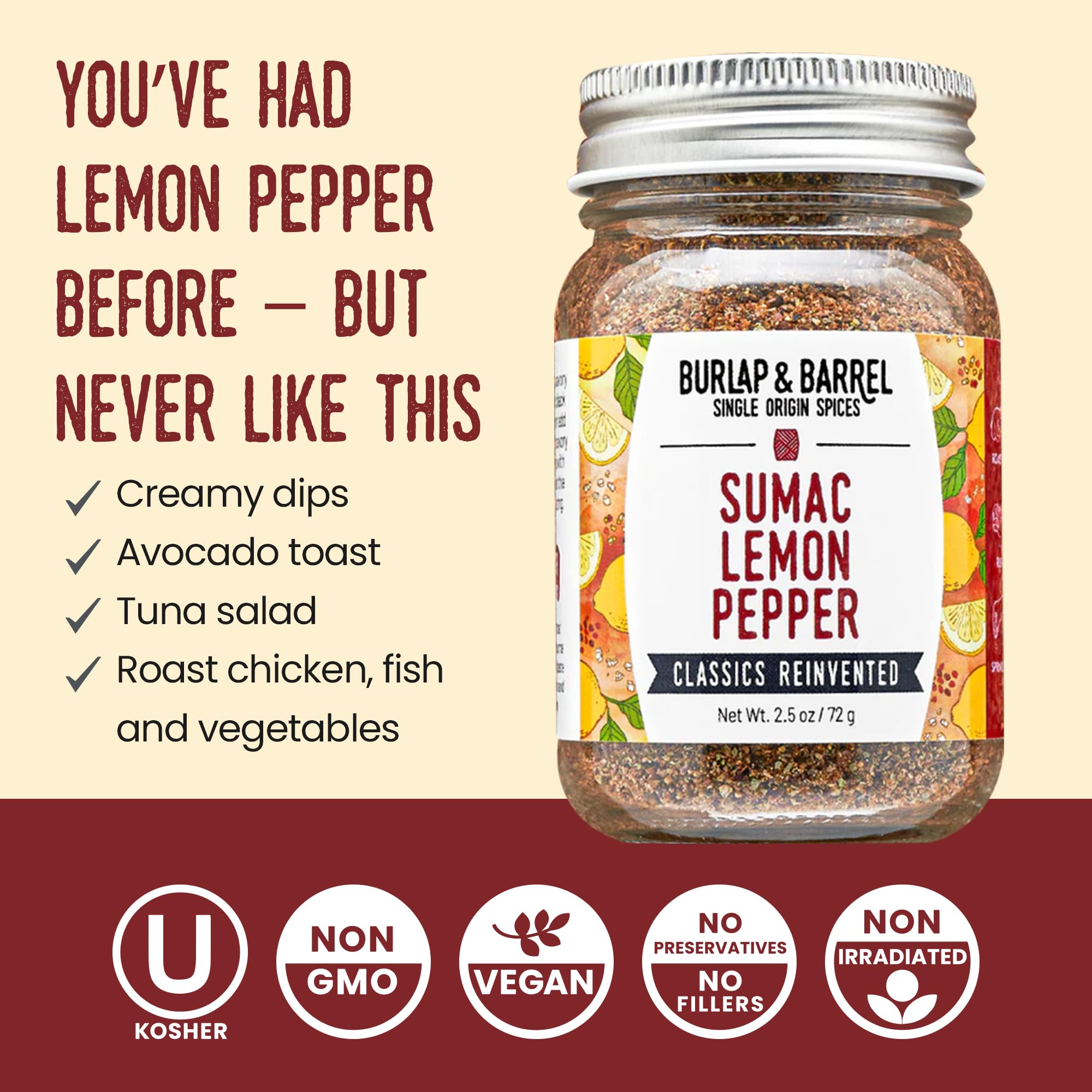 Burlap & Barrel Sumac Lemon Pepper - As Seen on Shark Tank! - Bright, Peppery, and Full of Citrusy Snap - Great for Chicken, Fish, and Vegetables