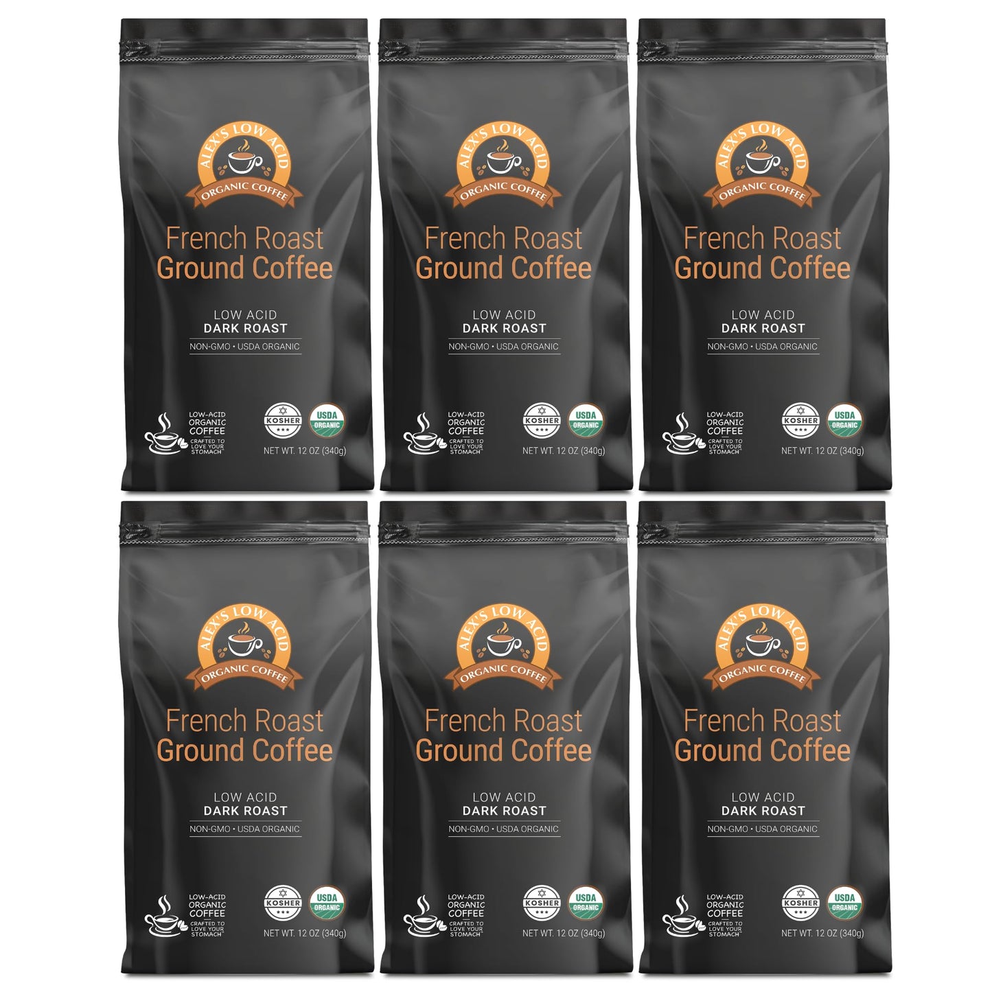 Alex's Low Acid Organic Coffee 12oz Bag - Fresh Ground French Roast (Pack of 6)