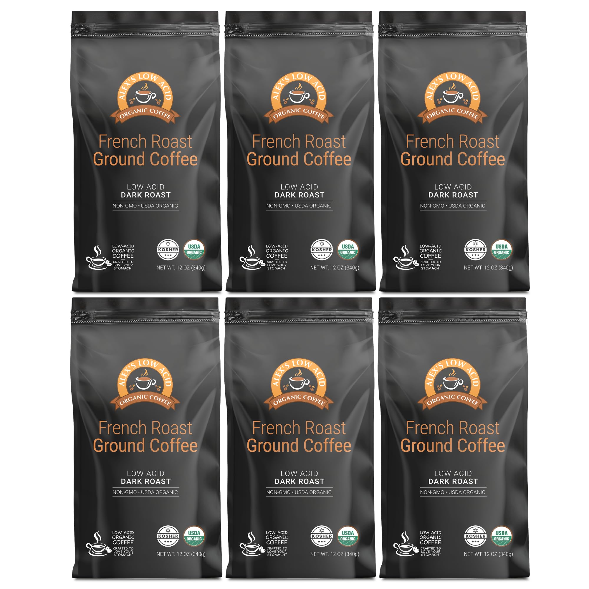 Alex's Low Acid Organic Coffee 12oz Bag - Fresh Ground French Roast (Pack of 6)