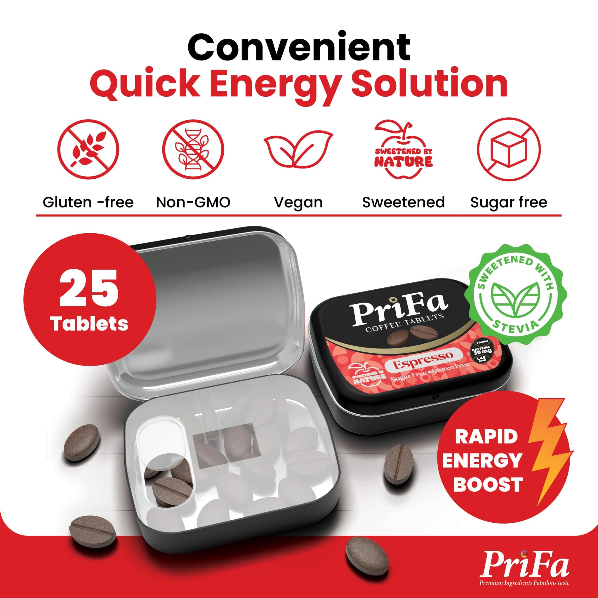 PriFa Sweet Espresso Coffee Tablets - Water-Free Instant Coffee, Sugar-Free, Sweetened with Stevia, Pocket-Sized, On-The-Go Caffeine Boost - 30mg