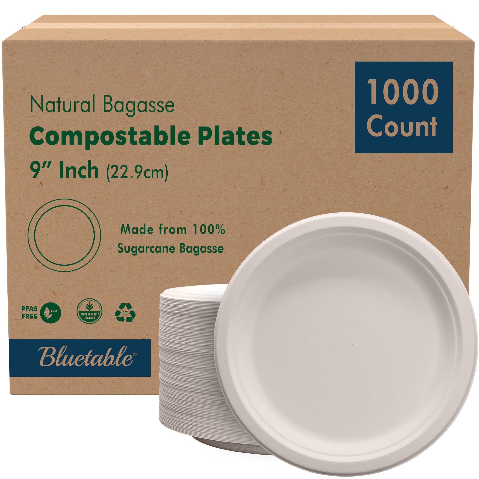 Compostable Paper Plates 9 Inch Bulk Plates [1000 Case Pack] - Biodegradable Made from 100% Sugarcane - Heavy Duty Disposable - Eco Friendly - Bagasse