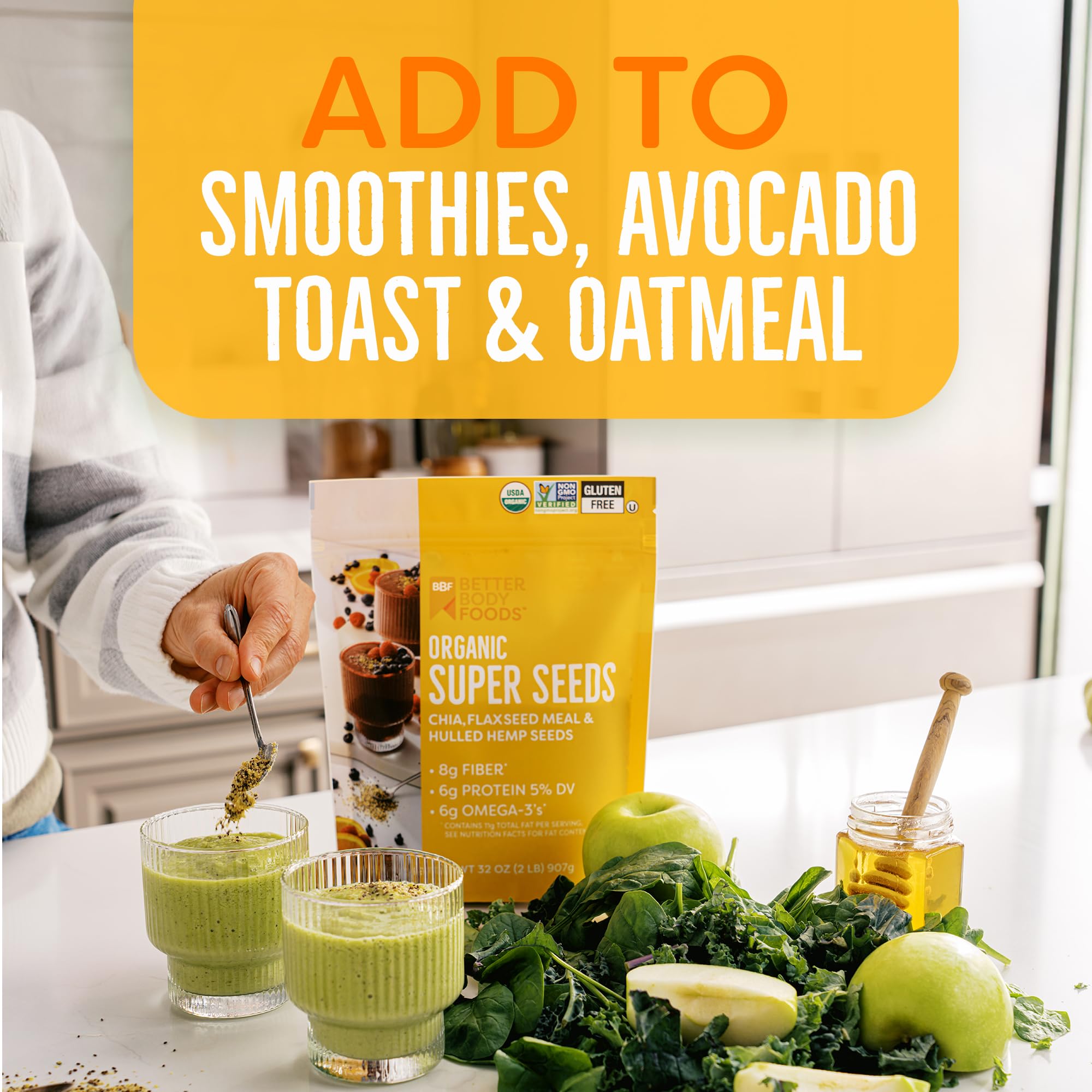 BetterBody Foods Superfood Organic Super Seeds - Chia Flax & Hemp Seeds, Blend of Organic Milled Flax Seed Organic Hemp Hearts, Add to Smoothies