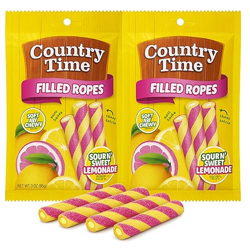 Country Time Sour N' Sweet Lemonade Gummy Candy Filled Ropes, Soft & Chewy, 3 oz, 2 Pack