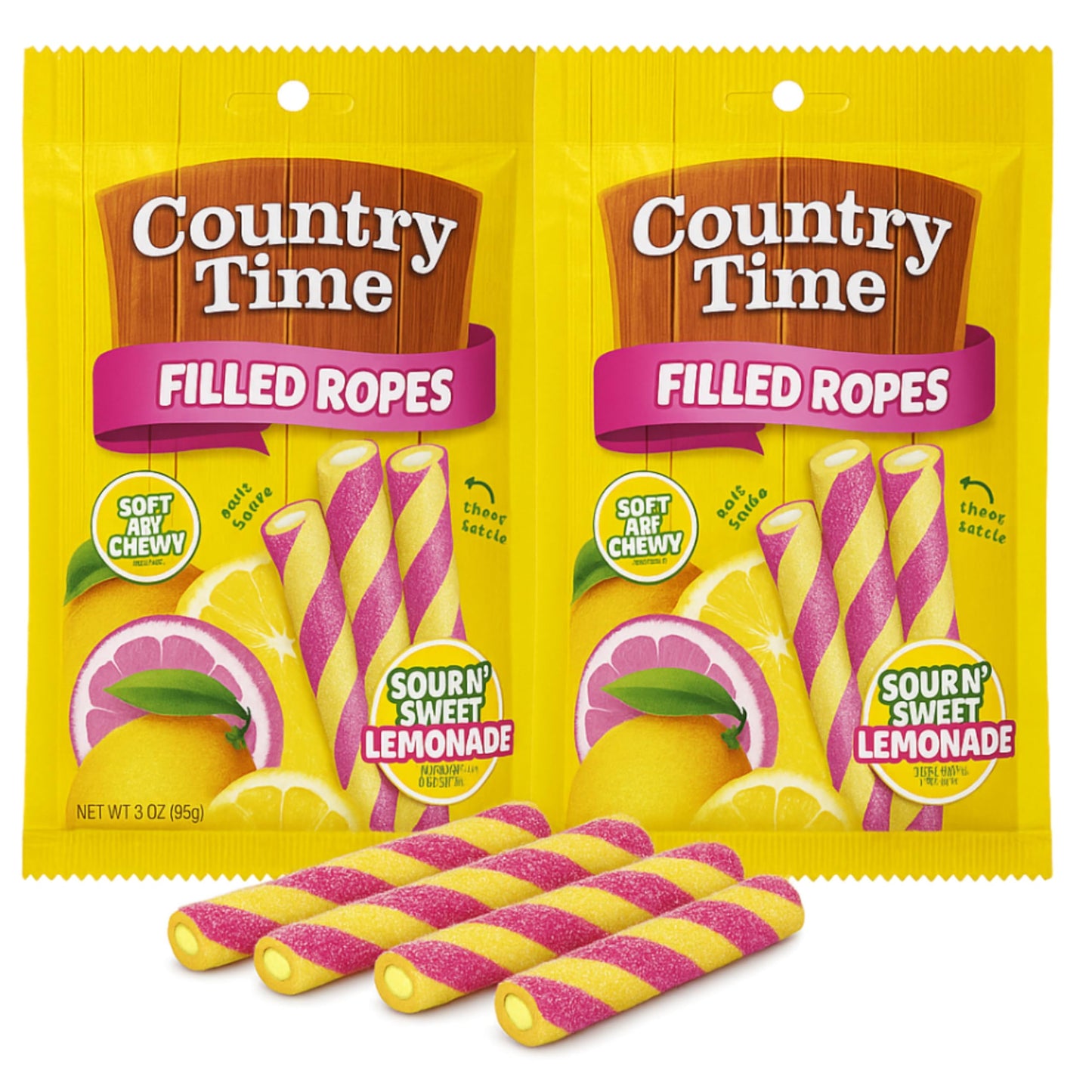 Country Time Sour N' Sweet Lemonade Gummy Candy Filled Ropes, Soft & Chewy, 3 oz, 2 Pack