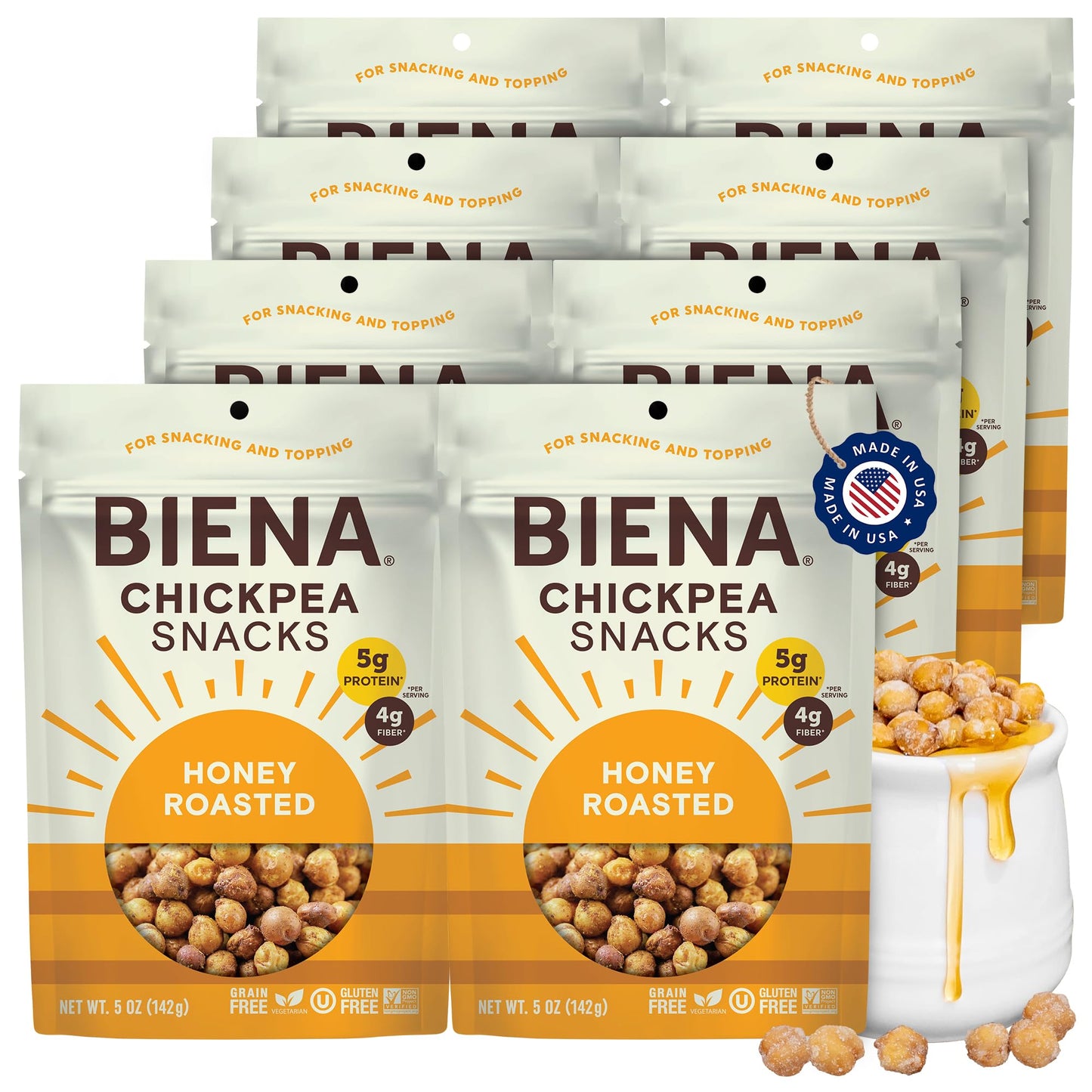BIENA Chickpea Snacks - Crunchy Roasted Chickpeas - High Fiber Protein Snacks for Adults and Kids - 8-Pack, 5 Ounce Bags - Honey Roasted