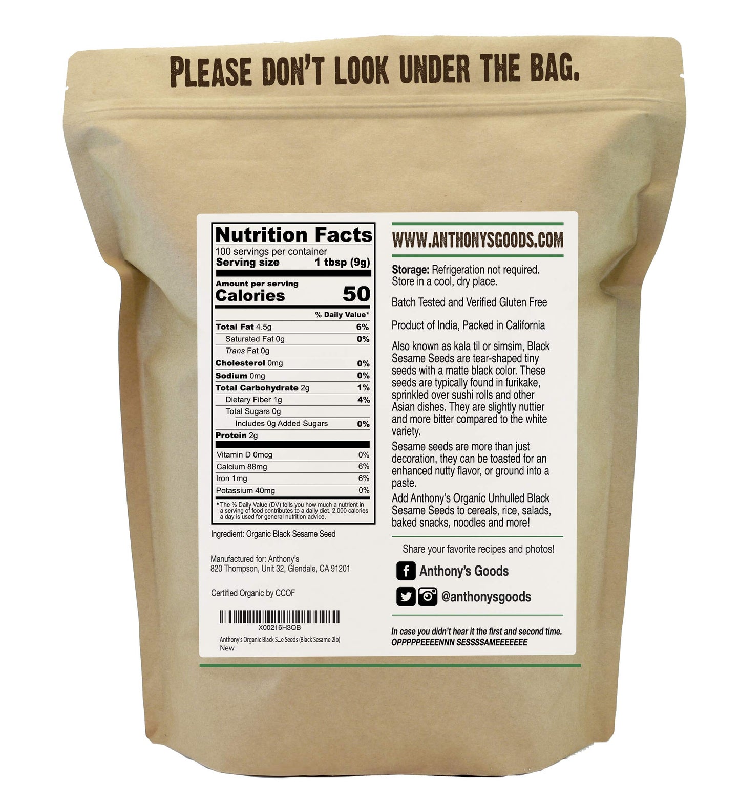 Anthony's Organic Black Sesame Seeds, 2 lb, Raw, Unhulled, Batch Tested & Verified Gluten Free, Keto Friendly