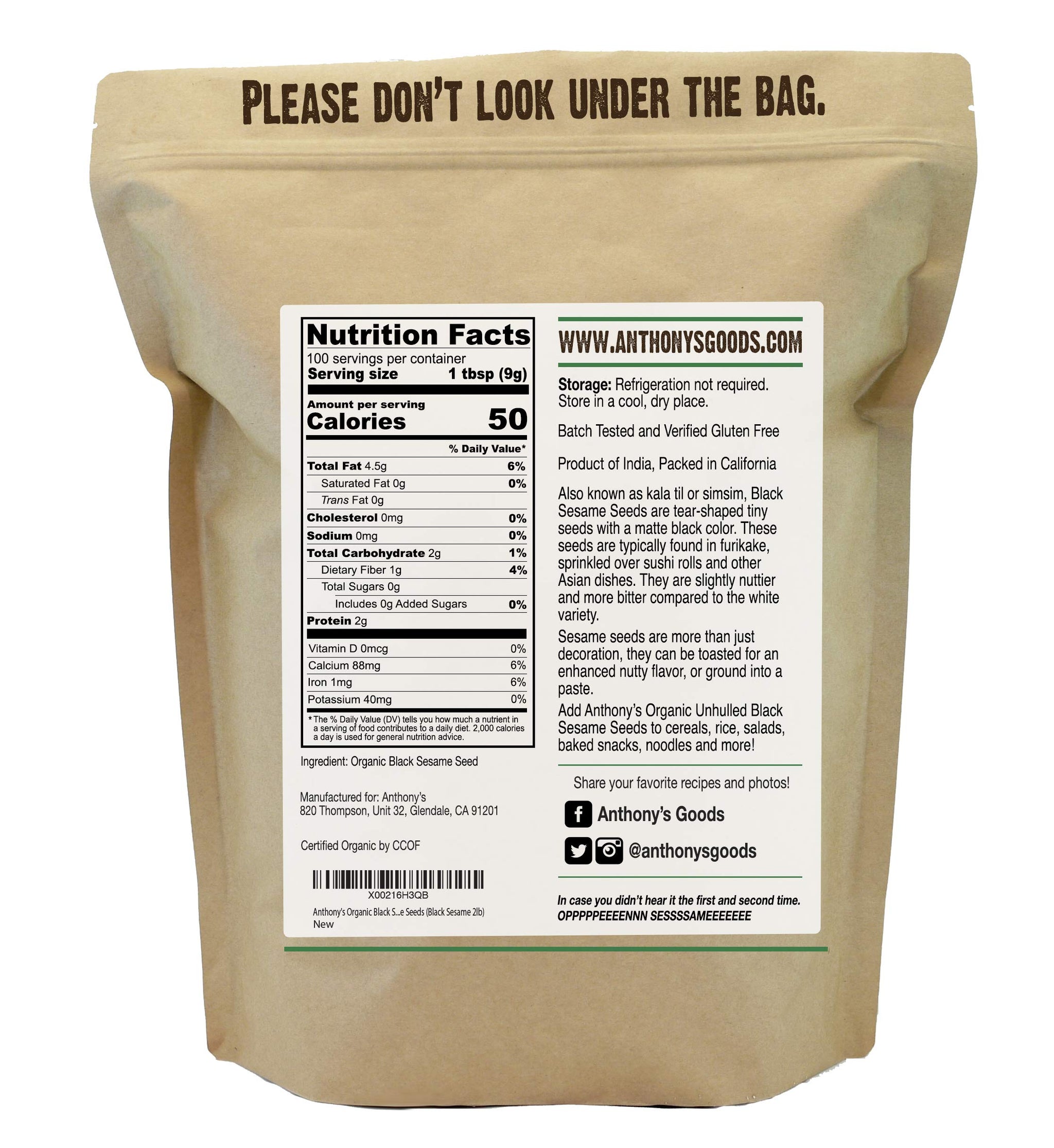 Anthony's Organic Black Sesame Seeds, 2 lb, Raw, Unhulled, Batch Tested & Verified Gluten Free, Keto Friendly