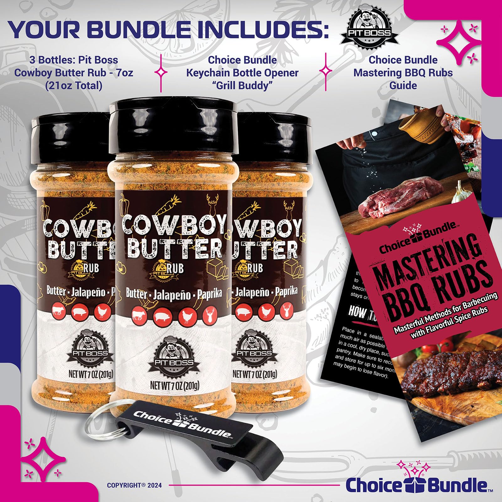 Pit Boss Cowboy Butter Premium Barbecue Mixed Seasoning Spice & Rub 3 pk Choice Bundle (21 oz) + Guide & Keychain Bottle Opener (5 Items)!