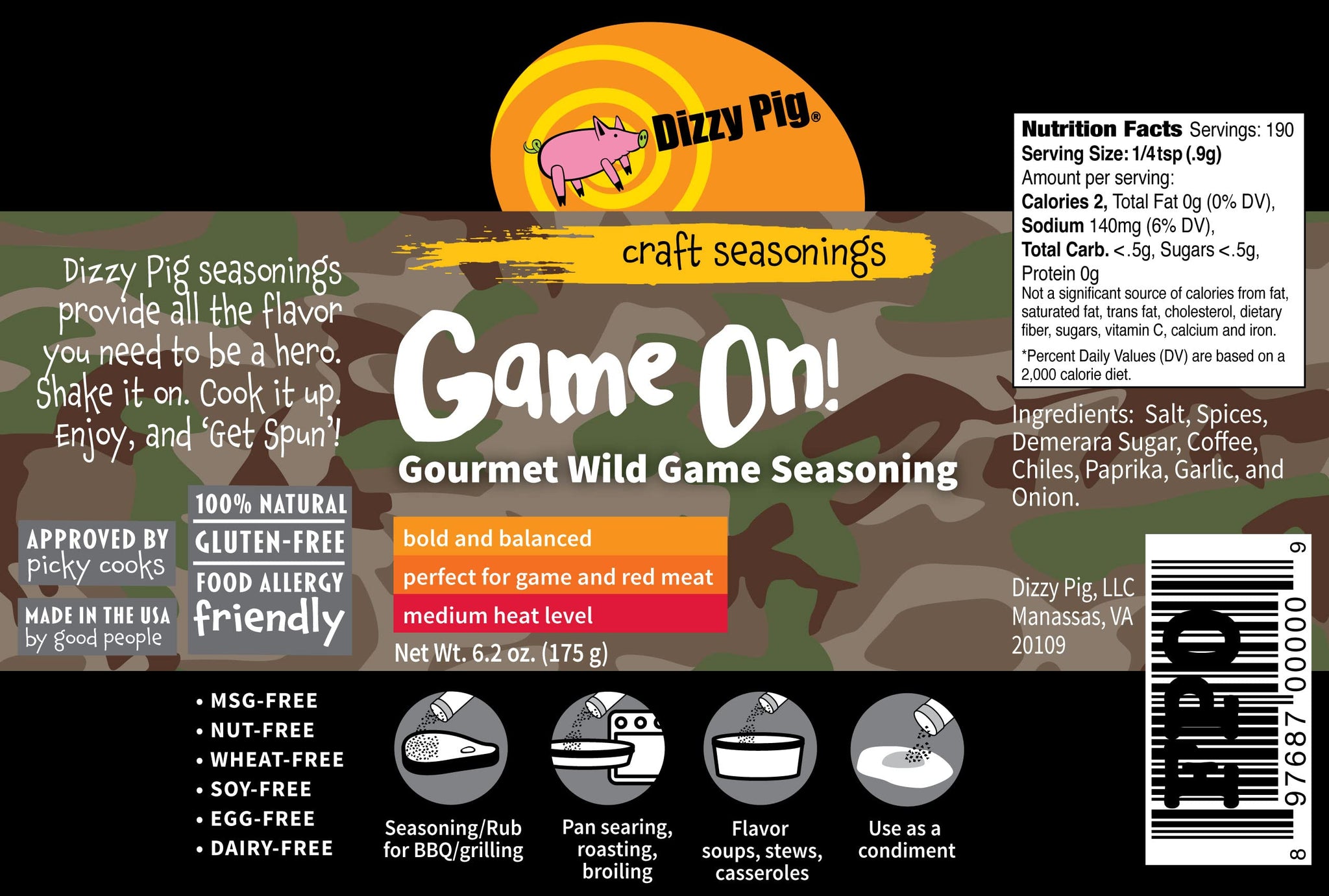 Dizzy Pig Game On! Wild Game Gourmet Seasoning Rub (8oz Shaker) - Seasons 30+lbs of Food - Hand Made in the USA - MSG Free, Gluten Free